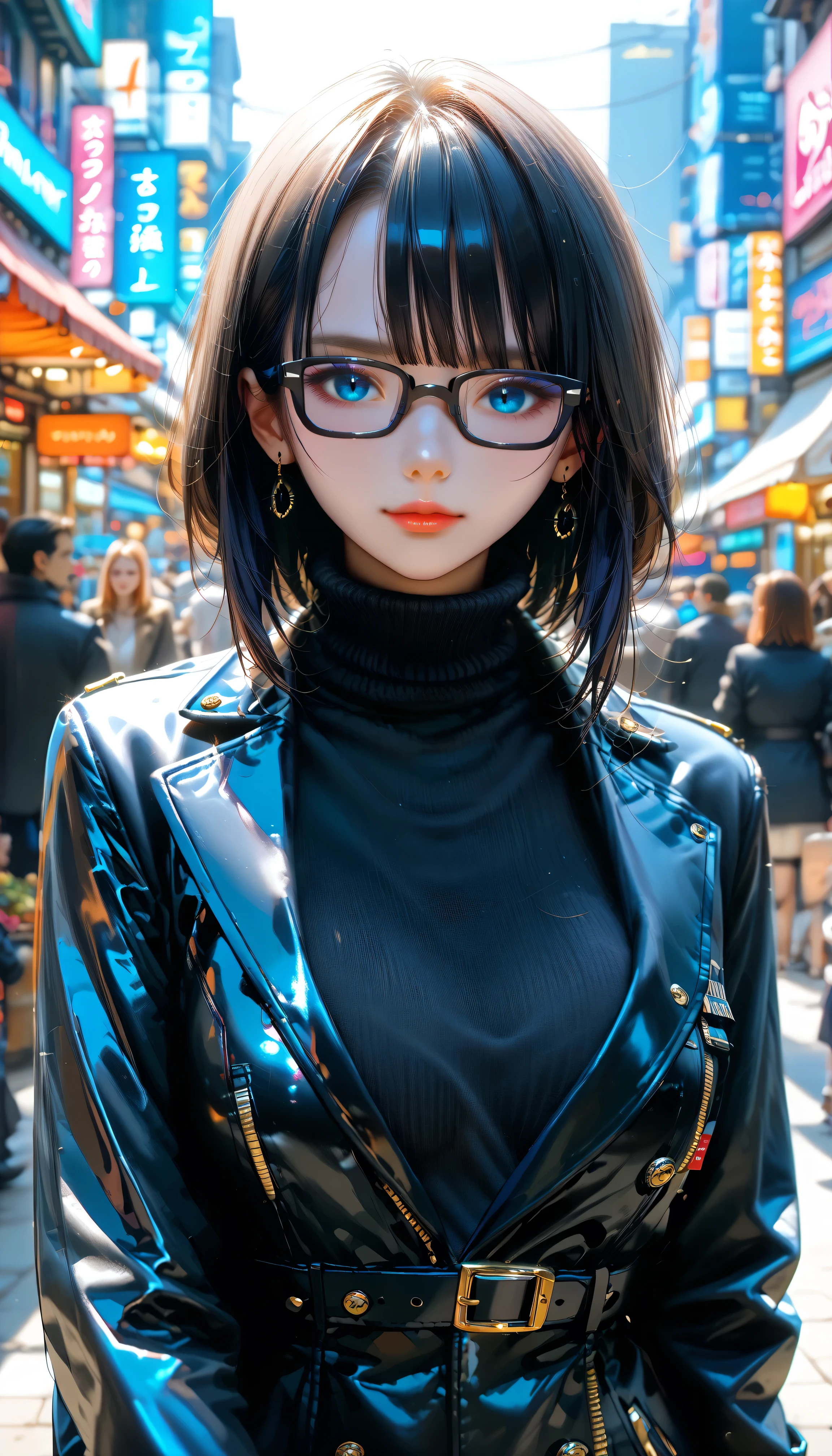 score_9, score_8_up    ,score_7_up    ,best quality, perfect anatomy, very aesthetic, official art, 8k,source_anime,2D, megami magazine, rating_safe , focus on face
 1 woman、 （25 year old intelligent woman ） （Narrow eyes、 carving on the top is an elaborate face with mature elegance:1.5） ,shiny skin ,gleaming skin,
(perfect detailed BLUE eyes. eyelashes ),The Big _breasts, Soft Breasts
Medium bob hair,（black hair color:1.3）
black glasses、cyber Pierce、
(cyber neon line parts.leather black Coat :1.5)( Wear turtleneck sweaters for women:1.4)サイバーストーンネックレス
cyber design slit skirt.