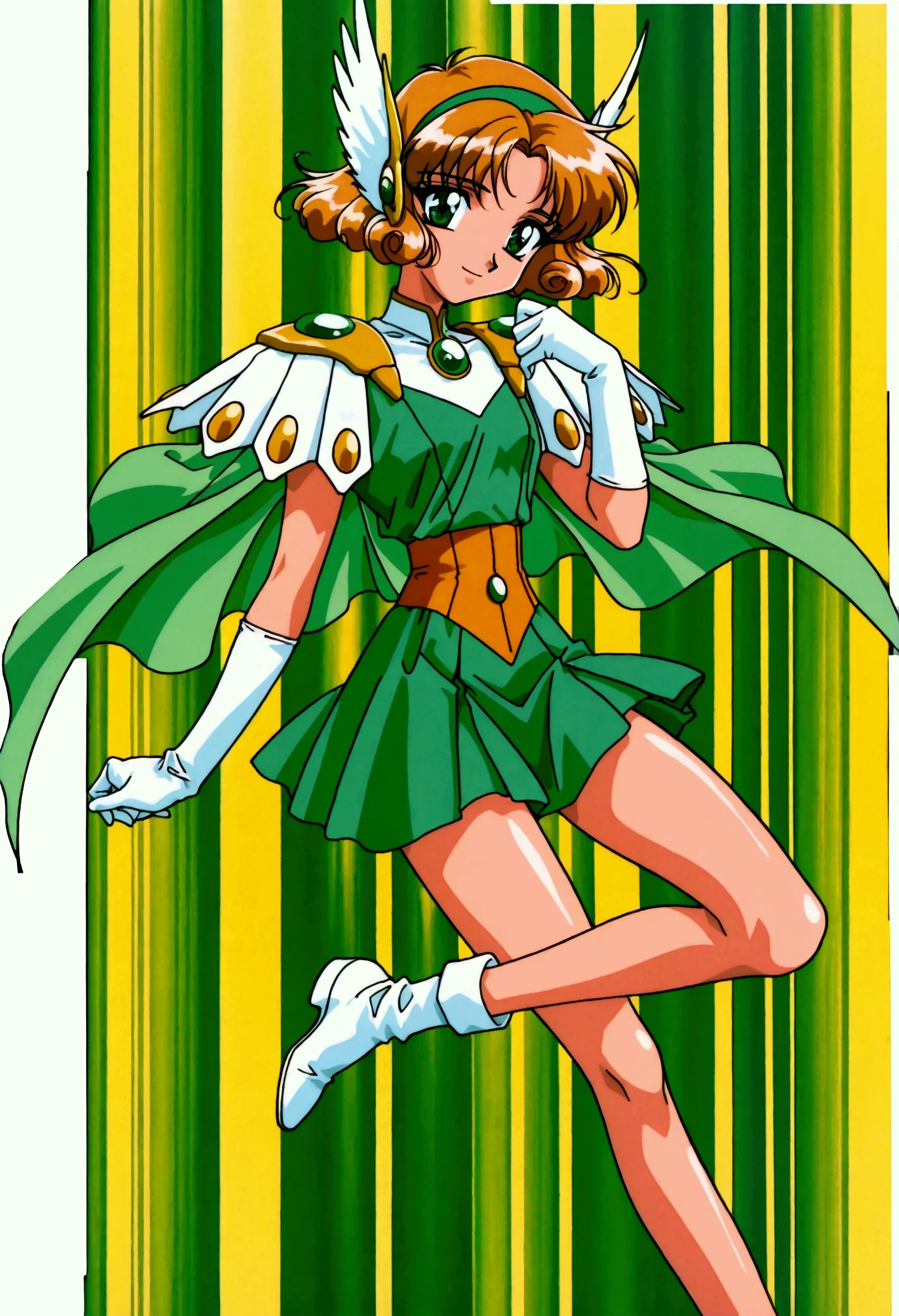 (masterpiece,highest quality,Super detailed,8k,High resolution,an extremely delicate and beautiful,Official Art,Perfect Anatomy:1.5),((1990s \(style\),90s anime,90s anime style,retro artstyle,Cel-shaded anime,anime screencap,anime coloring:1.25)),(solo:1.5),perfect face,beautiful,sexy,athletic body,shiny skin,(scale to fit the dimensions:1.2), smile, 
AEFuuFinal,green eyes,light brown hair,curly hair,parted bangs,short hair,green hairband,hair ornament,head wings,wing hair ornament,armored dress,green cape,elbow gloves,gem,green dress,green gemstone,pauldrons,sleeveless,white gloves,white footwear,((dynamic pose ,background,full body:1.5))