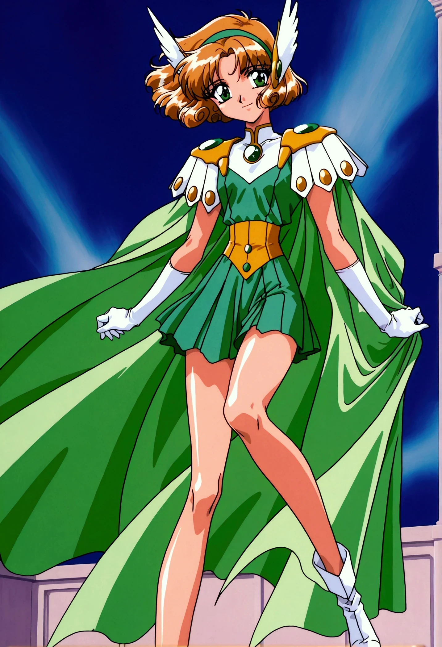 (masterpiece,highest quality,Super detailed,8k,High resolution,an extremely delicate and beautiful,Official Art,Perfect Anatomy:1.5),((1990s \(style\),90s anime,90s anime style,retro artstyle,Cel-shaded anime,anime screencap,anime coloring:1.25)),(solo:1.5),perfect face,beautiful,sexy,athletic body,shiny skin,(scale to fit the dimensions:1.2), smile,
AEFuuFinal,green eyes,light brown hair,curly hair,parted bangs,short hair,green hairband,hair ornament,head wings,wing hair ornament,armored dress,green cape,elbow gloves,gem,green dress,green gemstone,pauldrons,sleeveless,white gloves,white footwear,((dynamic pose ,background,full body:1.5))