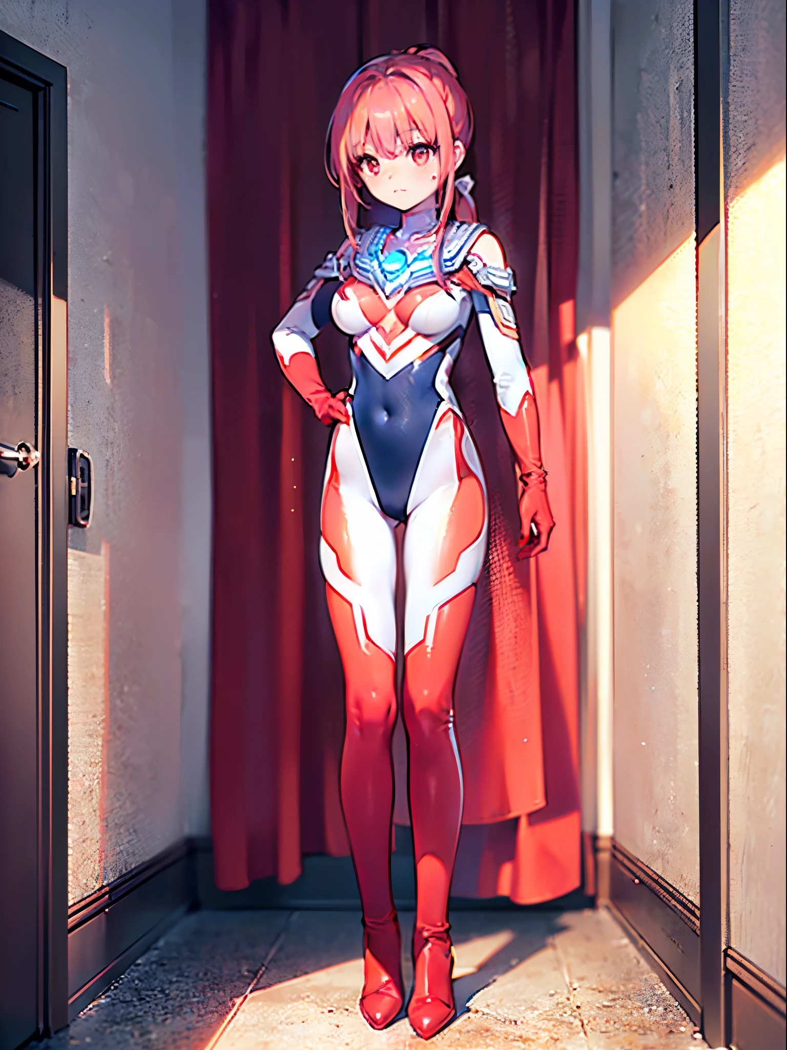 (Close-up:1.3),Realistic,Highest quality, Ultra Detail, High-quality CG rendering, The most delicate and beautiful, Floating softly, High resolution, (1 female), (Highest quality,4K,8k,masterpiece:1.2),(All red hair:1.5), (ponytail:1.5),(Red eyes:1.5), (Ultra Girl:1.0), (All red Ultraman bodysuit:1.5),(Do not expose your skin:1.5),(Slightly larger breasts:1.5),(Red gloves:1.3),(Red Shoes:1.3),(whole body:1.3),(smile:1.3),Small room,(Are standing:1.4),(Place your hands on your hips:1.3),(Turn your back to your audience:1.4),Butt