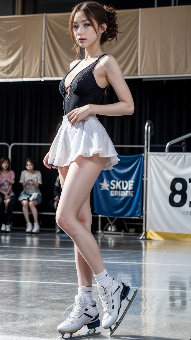 medium shot,(cropped tanktop,Set skirt pleated short skirt,exposing thighs,sneakers, wearing detailed panty)),(harajuku street), japanese lady, pale skin, droopy eyes, 28 year old,(Blonde semi-long twintail hair blunt bangs:1.3)(gyaru:1.3),(Dancing), high quality:1.3, shoot from below,Professional lighting:2.0 realistic:1.2, 4k resolution, detailed skin, masterpiece:1.1,smile(Slender body),(athlete:1.2),nipples poking through clothes,camel toe,(naval),