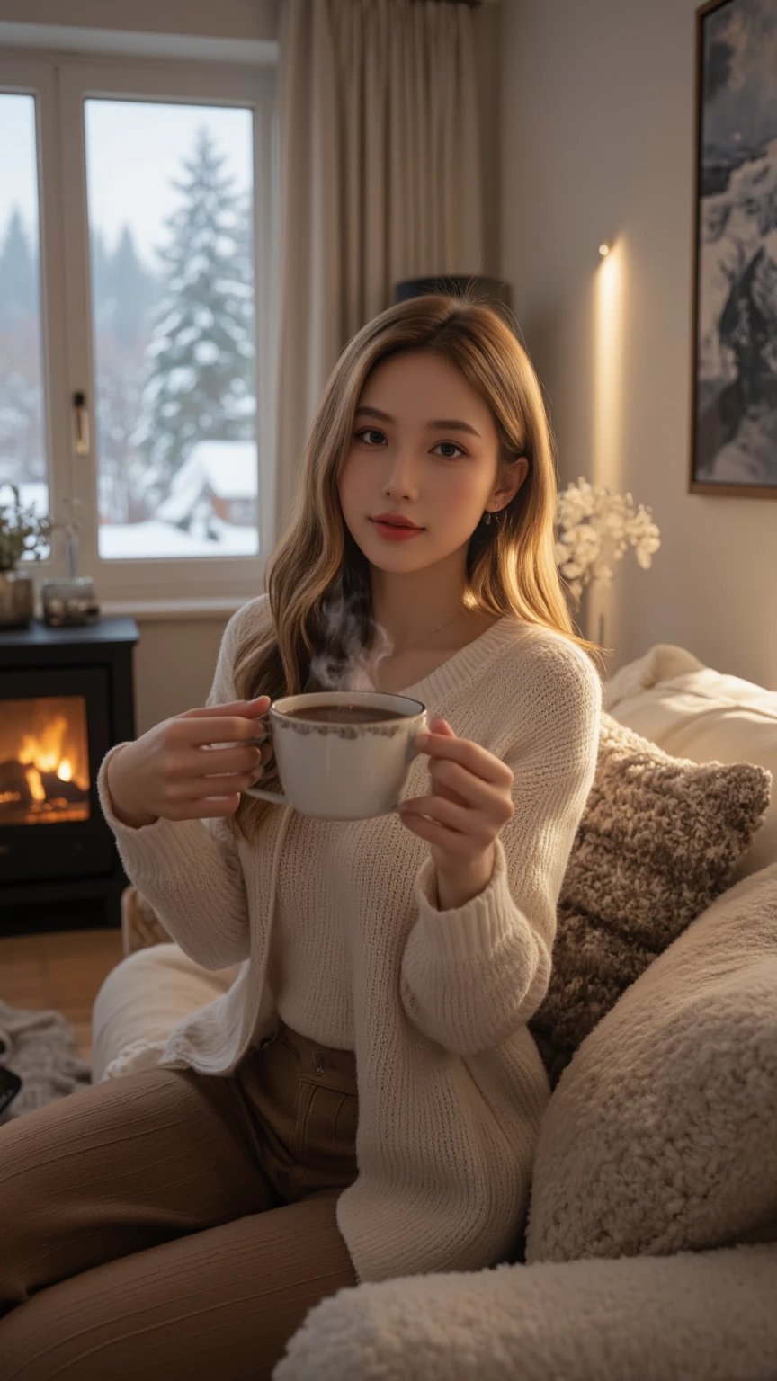 Living room, beautiful woman sitting on sofa in front of warm fireplace with fire burning, offering cocoa to us, looking at us, smiling, close-up, Scandinavian interior, Scandinavian textile cushion, fashionable, snow outside large window, masterpiece, high quality, high definition, 8k, 16k , detail, warm atmosphere,
