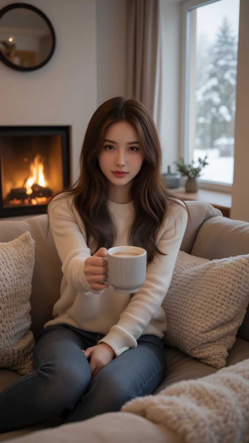 Living room, beautiful woman sitting on sofa in front of warm fireplace with fire burning, offering cocoa to us, looking at us, smiling, close-up, Scandinavian interior, Scandinavian textile cushion, fashionable, snow outside large window, masterpiece, high quality, high definition, 8k, 16k , detail, warm atmosphere,
