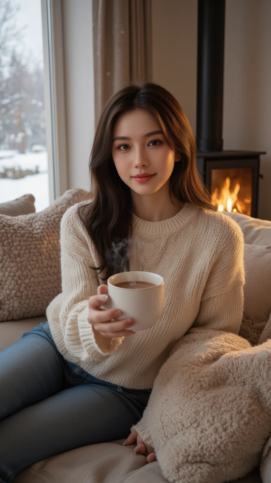 Living room, beautiful woman sitting on sofa in front of warm fireplace with fire burning, offering cocoa to us, looking at us, smiling, close-up, Scandinavian interior, Scandinavian textile cushion, fashionable, snow outside large window, masterpiece, high quality, high definition, 8k, 16k , detail, warm atmosphere,

