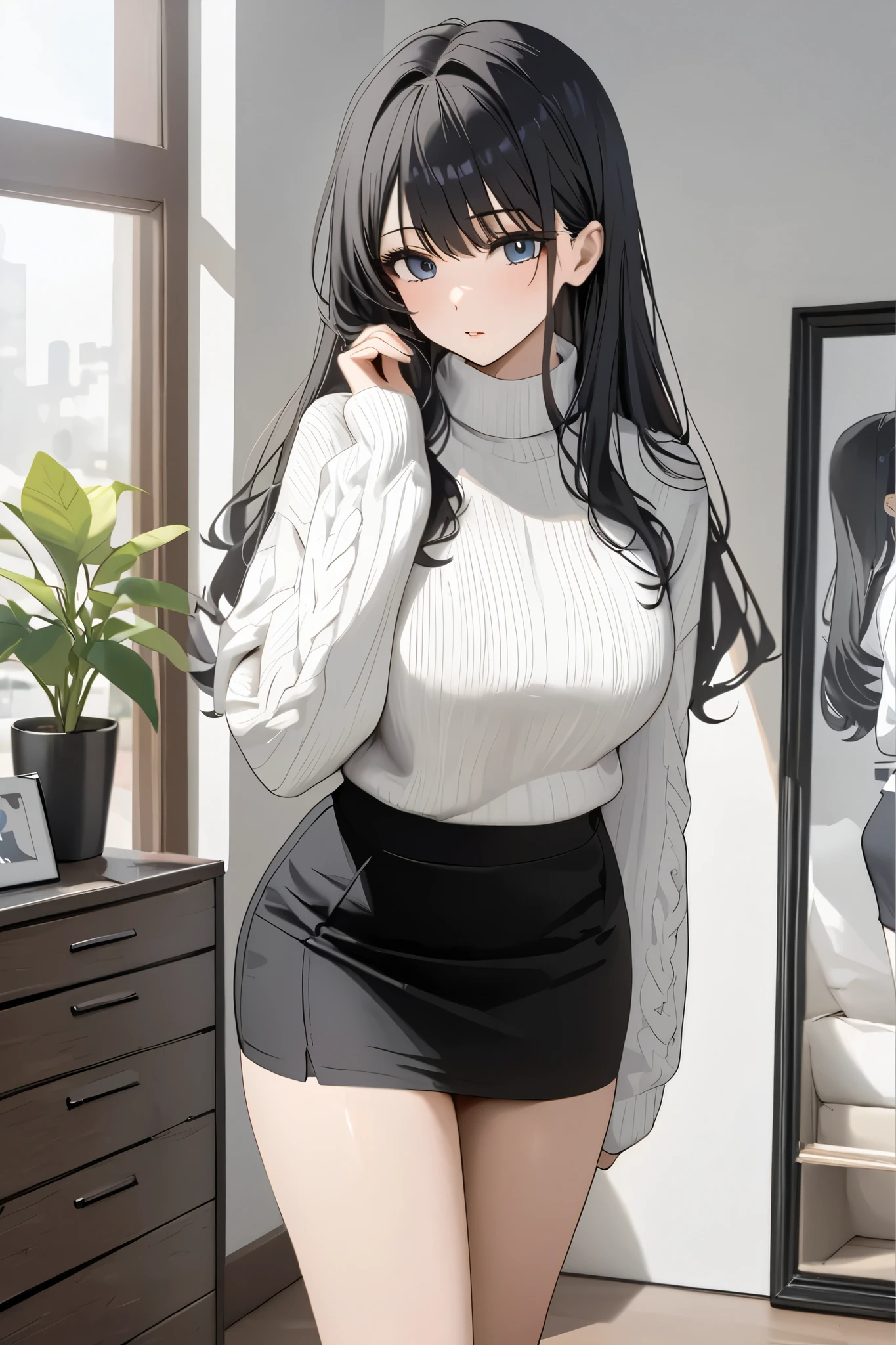 Beautiful woman with long black hair wearing a white sweater and a black skirt