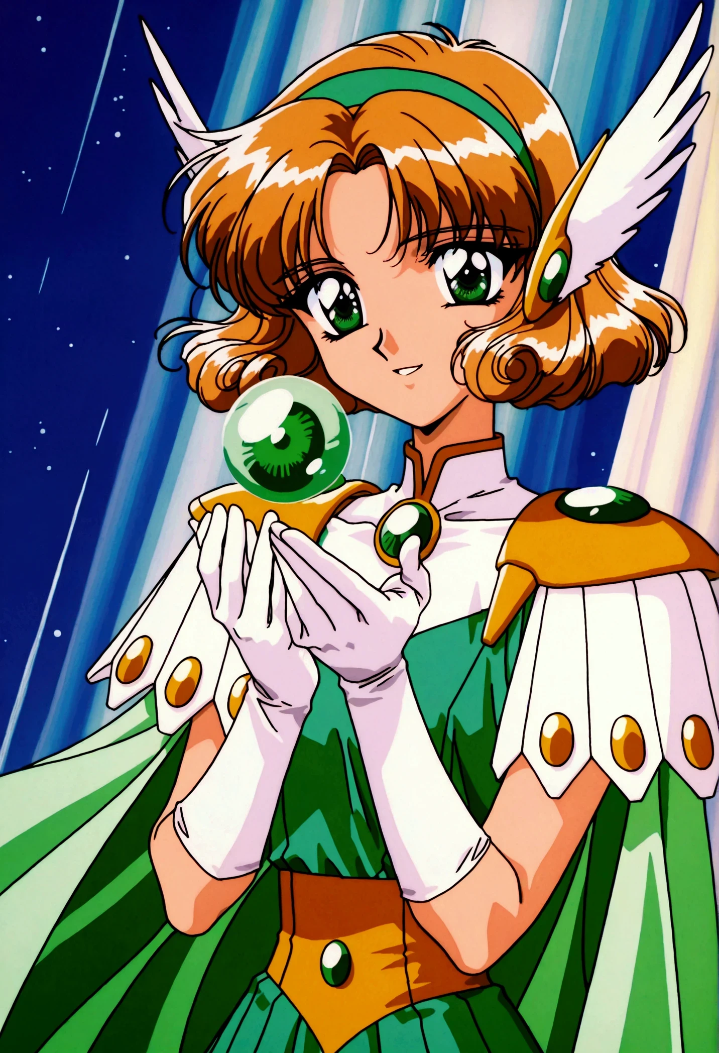(masterpiece,highest quality,Super detailed,8k,High resolution,an extremely delicate and beautiful,Official Art,Perfect Anatomy:1.5),((1990s \(style\),90s anime,90s anime style,retro artstyle,Cel-shaded anime,anime screencap,anime coloring:1.25)),(solo:1.5),perfect face,beautiful,sexy,athletic body,shiny skin,(scale to fit the dimensions:1.2), smile,
AEFuuFinal,green eyes,light brown hair,curly hair,parted bangs,short hair,green hairband,hair ornament,head wings,wing hair ornament,armored dress,green cape,elbow gloves,gem,green dress,green gemstone,pauldrons,sleeveless,white gloves,white footwear,((full body:1.5)),