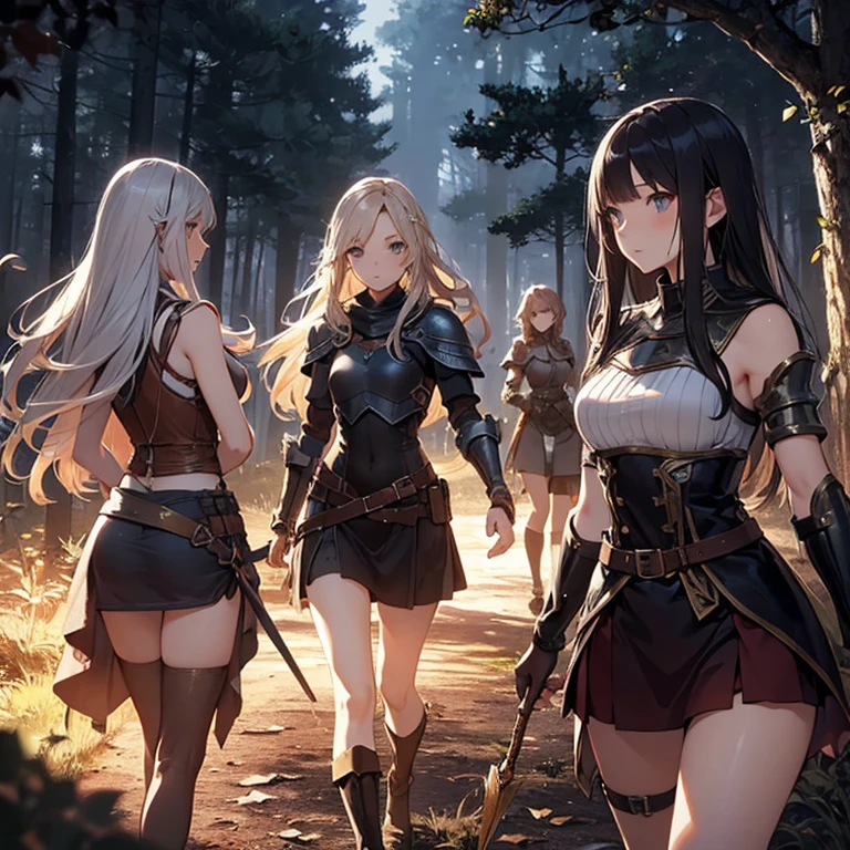 angry thicc curvy body four women running on the mud, with long hair, wearing pleated skirt and black boots, viewed from below, underwear
