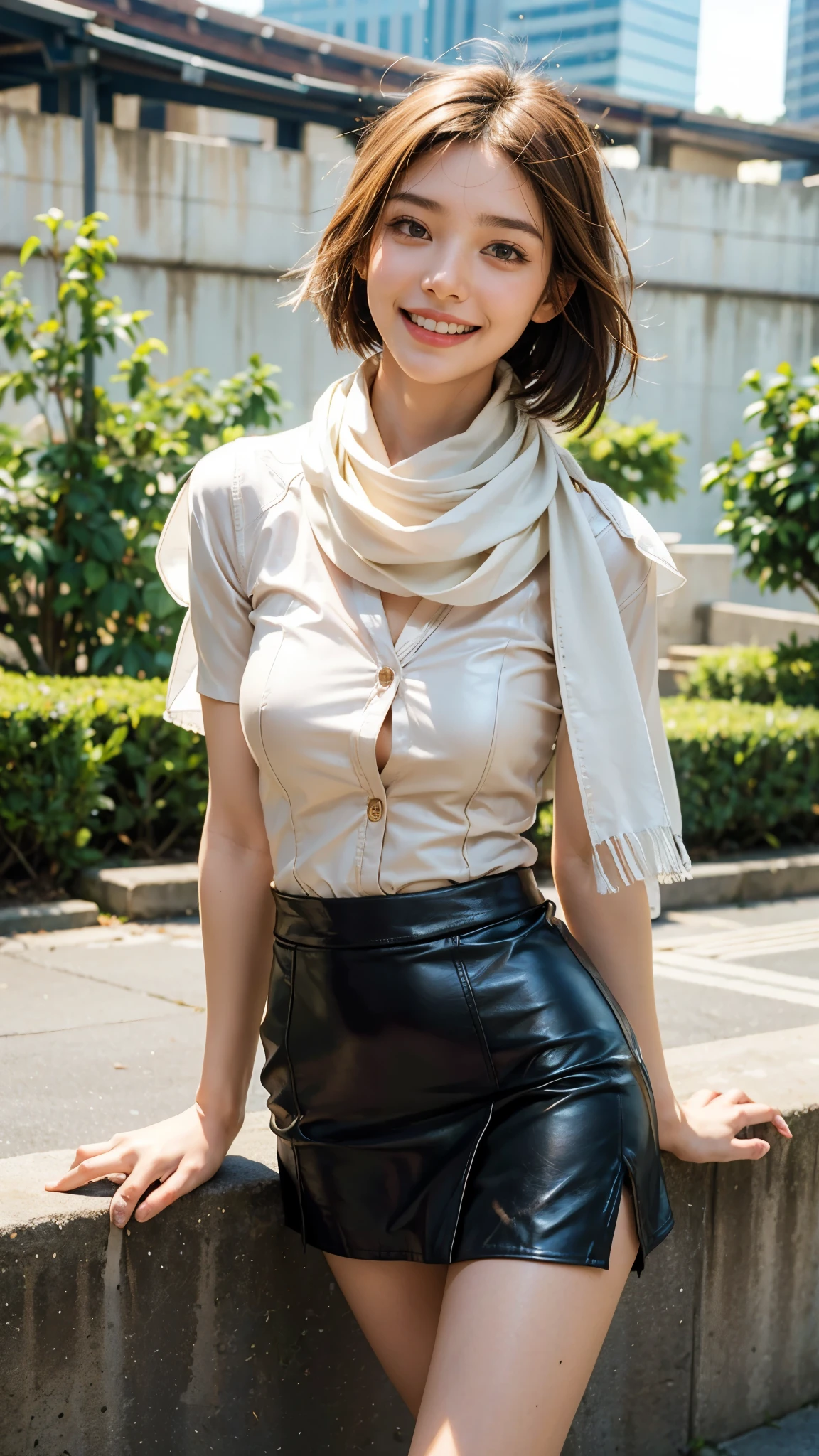 (Highest quality)、(High resolution)、(Ultra-detailed photos)、(Ultra-realistic texture)、(Illuminated subject)（8k images）（Clear Photography）（Real Photo） （A 40-year-old Japanese woman with elegant, well-defined features and a caramel-colored chignon.）（Her outfit is a light-colored top and a neat, chic and elegant skirt or dress.）（Look at everyone with a refreshing and loving smile）（Men are captivated by her charms）（She is outdoors）（She poses elegantly and cutely in various locations.）（Walking through the crowds of the city）（Drinking coffee at a cafe）（Shop）（Sit on the grass in the park）Playing on the swings at the show）（sit in a train seat）（Take a seat on the bus)