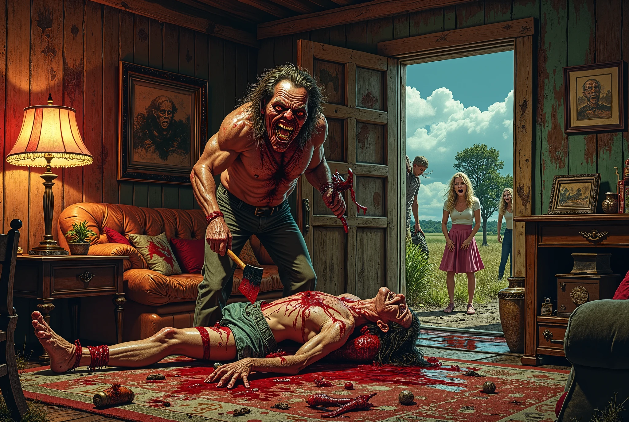 60s & 70's exploitation horror film style, crazy redneck hillbilly killer with ugly scary face, holding an ax, chopping up a man who is laying the floor, a terrified woman watches, screaming into the back of her hand, another woman is tied to a chair watching in fear, the violence occurs in the living home of an old house in the rural countryside of est texas , lurid vivid colors, retro 60s sci-fi horror movie aesthetic, bloody, gory, scary, movie poster vibe, bold colors, detailed, erotic, NSFW, lurid and vivid colors, detailed, intricate, gouache paints, European fumetto style, Frazetta, Mort Künstler, Basil Gogos, Graham "Ghastly" Ingels, volumetric lighting, classic horror comic book aesthetic