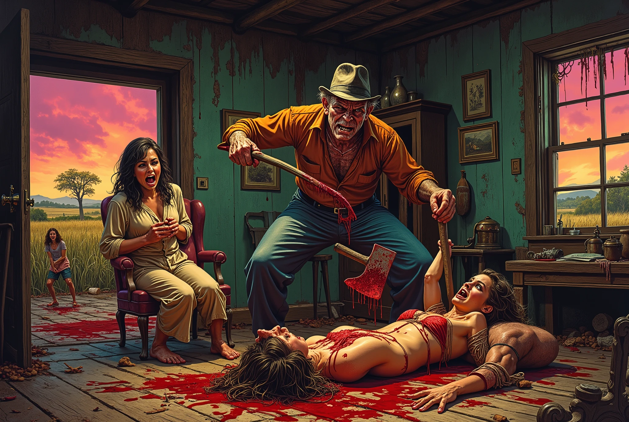 60s & 70's exploitation horror film style, crazy redneck hillbilly killer with ugly scary face, holding an ax, chopping up a man who is laying the floor, a terrified woman watches, screaming into the back of her hand, another woman is tied to a chair watching in fear, the violence occurs in the living home of an old house in the rural countryside of est texas , lurid vivid colors, retro 60s sci-fi horror movie aesthetic, bloody, gory, scary, movie poster vibe, bold colors, detailed, erotic, NSFW, lurid and vivid colors, detailed, intricate, gouache paints, European fumetto style, Frazetta, Mort Künstler, Basil Gogos, Graham "Ghastly" Ingels, volumetric lighting, classic horror comic book aesthetic