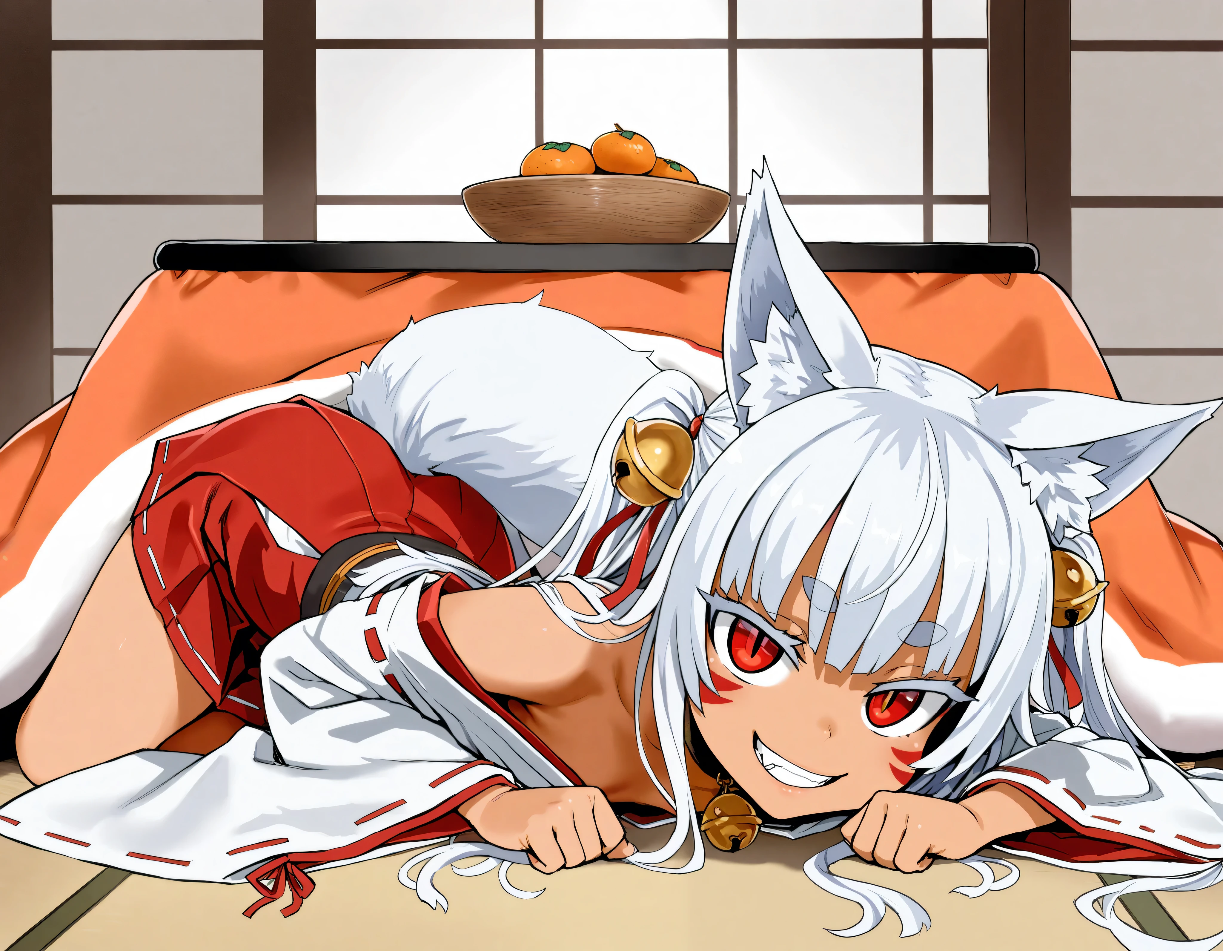 (best quality, highest quality:1.2), masterpiece, Ultra-high resolution, rich contrasts, HD, 8k, fine skin, no makeup, ideal ratio body proportions,
1girl, anime girls, asanagi style, mesugaki, dark skin, tan, red eye, slit pupils, ((white fox ear)), Wicked Smile, evil grin, fang,
very long two side up, white Hair, thick eyebrows, red highlights hair, Hair ribbon bell, bell choker, bimbo, ((dim body)), flat_chest, (facial mark),
nontraditional miko, bare shoulders, miko, red obi sash, red short skirt, skirt cutout, shirt in, Get in the kotatsu, mandarin orange on the kotatsu,
looking at viewer, lewd, cute, big eyes, ero, ecchi,
Score_9,Score_8,score_7_up,source_anime, rating_questionable, shrine,