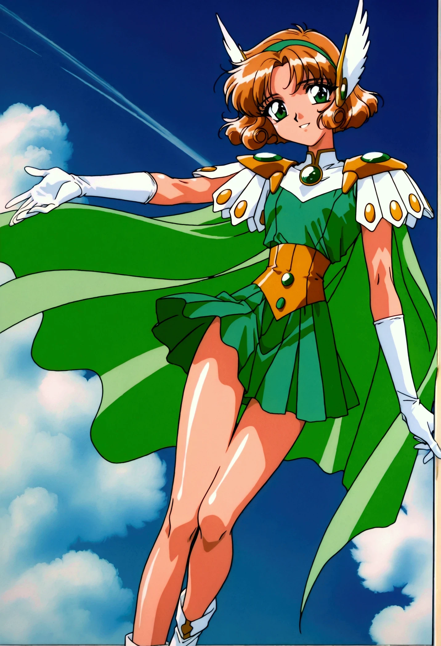 (masterpiece,highest quality,Super detailed,8k,High resolution,an extremely delicate and beautiful,Official Art,Perfect Anatomy:1.5),((1990s \(style\),90s anime,90s anime style,retro artstyle,Cel-shaded anime,anime screencap,anime coloring:1.25)),(solo:1.5),perfect face,beautiful,sexy,athletic body,shiny skin,(scale to fit the dimensions:1.2), smile,
AEFuuFinal,green eyes,light brown hair,curly hair,parted bangs,short hair,green hairband,hair ornament,head wings,wing hair ornament,armored dress,green cape,elbow gloves,gem,green dress,green gemstone,pauldrons,sleeveless,white gloves,white footwear,((dynamic pose ,background,full body:1.5)),blue sky,