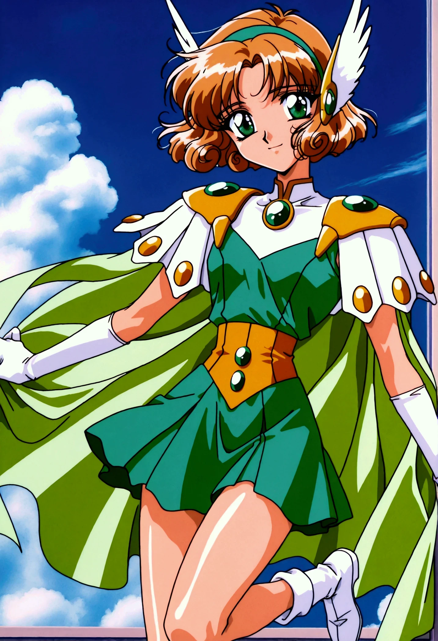 (masterpiece,highest quality,Super detailed,8k,High resolution,an extremely delicate and beautiful,Official Art,Perfect Anatomy:1.5),((1990s \(style\),90s anime,90s anime style,retro artstyle,Cel-shaded anime,anime screencap,anime coloring:1.25)),(solo:1.5),perfect face,beautiful,sexy,athletic body,shiny skin,(scale to fit the dimensions:1.2), smile, 
AEFuuFinal,green eyes,light brown hair,curly hair,parted bangs,short hair,green hairband,hair ornament,head wings,wing hair ornament,armored dress,green cape,elbow gloves,gem,green dress,green gemstone,pauldrons,sleeveless,white gloves,white footwear,((dynamic pose ,background,full body:1.5)),blue sky,