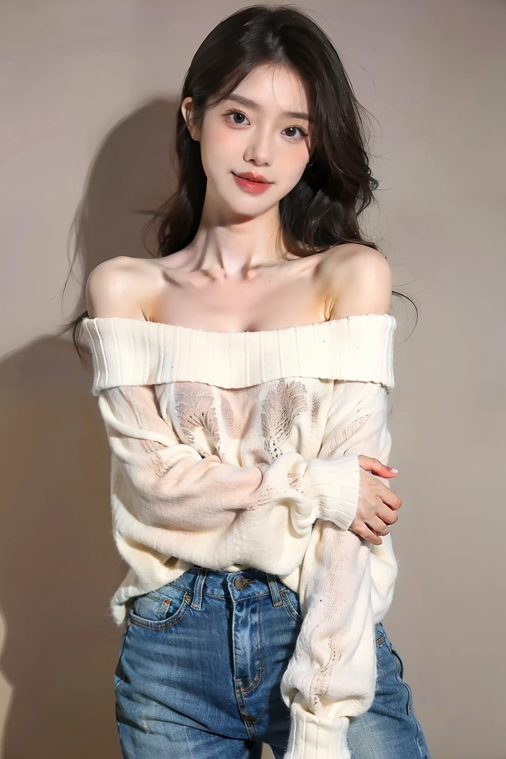 ((((highest quality))))、(((Ultra-precision CG16K wallpaper)))、(((masterpiece)))、(((Super detailed)))、(((super extreme details)))、１people&#39;s women、mature woman、24 year old woman、((Japanese face))、((very beautiful face))、((Mai Shiraishi:1.5))、((straight shoulder length hair))、(shiny brown hair)、bangs up to eyebrows、beautiful brown hair、beautiful delicate eyes、brown eyes、raised eyebrows、high nose、small nostrils、small mouth、seductive lipouth slightly open、beautiful breasts、((C cup size breasts))、cleavage、plump body、(Chubby body type)、perfect proportions、perfect anatomy、perfect composition、beautiful detailed shading、beautiful natural lighting、beautiful detail glow、Depth of the bounds written、(((High chroma)))、(((real:1.9)))、((vivid:1.5))、((edge:1.6))、((beautiful skin))、((skin texture))、((realな皮膚感))、(((cowboy shot、Thigh:1.5)))、((Low angle view from below front:1.5))、((smile:1.4))、(Eyes looking at me:1.5)、Bright daylight、(((park square:1.3)))、(standing pose:1.5)、(((Light Moss Green Color Off Shoulder Long Mohair Sweater Clothes:1.6)))、((headband、earrings、wearing necklace:1.2))、