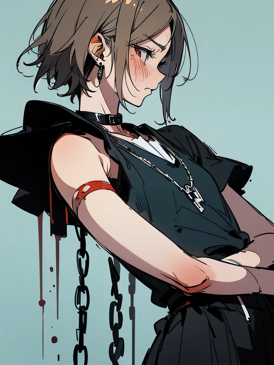 trishuna, trishjojo, trish una, solo, female focus, 1girl, girl, collar, chains, basement, chained up in basement, tape on mouth, tied up, scared, bruises, blood, abuse, full body, white t-shirt, black shorts, chained up, chains, sitting, blood everywhere, scared expression, fear, kidnapped