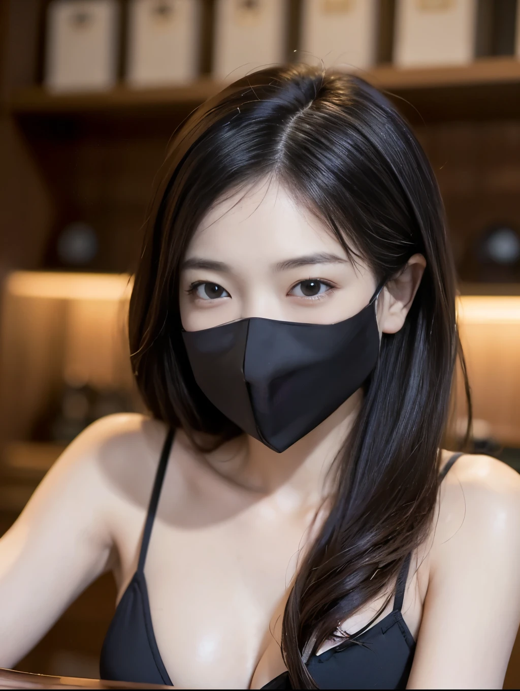table top, a mask covers her entire face, highest quality, shape, Super detailed, finely, High resolution, 8k wallpaper, 完璧なダイナミックな構shape, finelyて美しい目, natural lip, Tank top, big breasts, cleavage, whole body, Navel exposure, random sexy pose