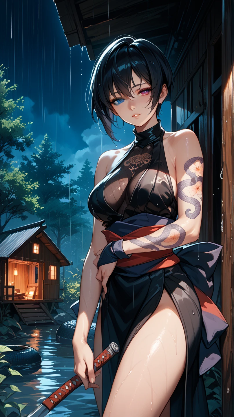 1girl, big breasts, big sexy ass, moon, lantern, night, solo, large breasts, hair ornament, wet, bikini kimono, wading, water, hair flower, flower, outdoors, sky, full moon, rain, black hair, off shoulder, mountain, cloud, holding, are shoulders, paper lantern, standing, night sky, sideboob, wet clothes, bangs, tree, from side, reflection, short hair, cloudy sky, wet hair (((masterpiece),(extremely detailed CG unity 8k wallpaper),best quality,,solo,1girl,cinematic lighting,detailed background,beautiful detailed eyes,bright pupils, (an extremely delicate and beautiful),(Beautiful and detailed eye description), ultra-detailed,masterpiece,)),