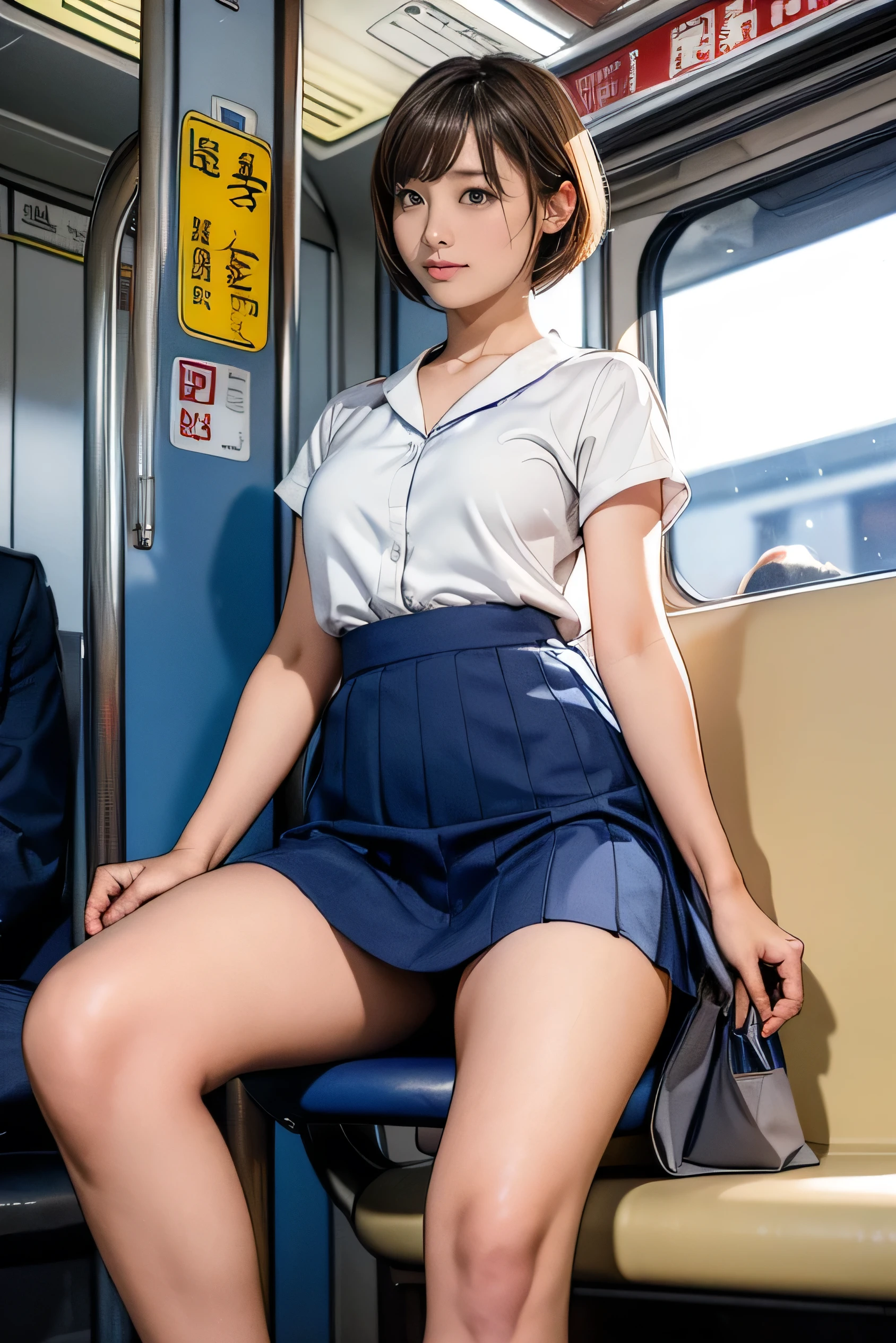 (in 8K、超A high resolution、Best Quality、masuter piece、Photorealsitic、The ultra -The high-definition)、huge tit、Pretty big breasts、hi-school girl、Always wear a pure white shirt、Dark blue pleated mini skirt、black socks and loafers、black hair short cut、sitting on train seat、Crotch indirect、A Japanese Lady、Super cute、Cute smile