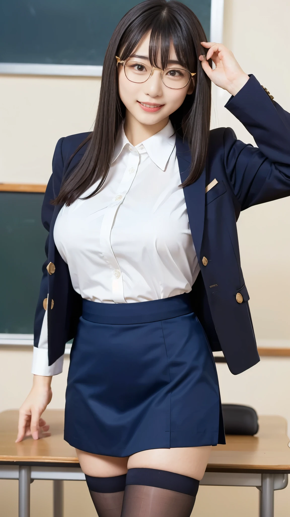  best quality ,masterpiece, super high definition, HIGH DEFINITION RAW COLOR PHOTO, professional photography, natural skin texture , fine skin, hyperrealism, smiles,Glasses,Dark blonde long hair,gigantic breasts,(( Female Teacher, white cutter shirt),navy tight skirt , suit)classroom