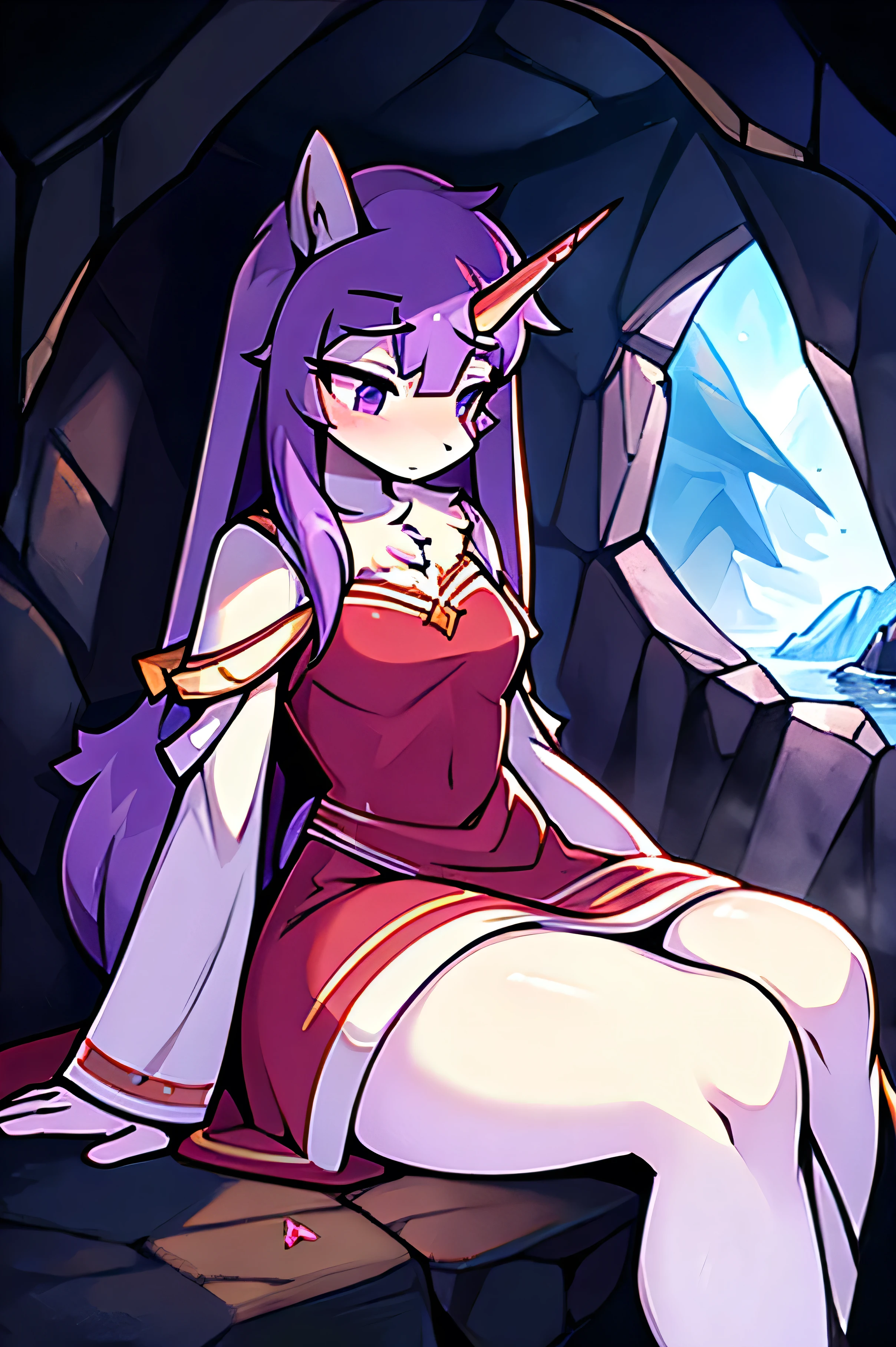  detailed image 、female unicorn 、 white fur、Long Nose Tip 、 purple hair、 shy、 dress、Small Feather、 is sitting、 Inside the Cave、