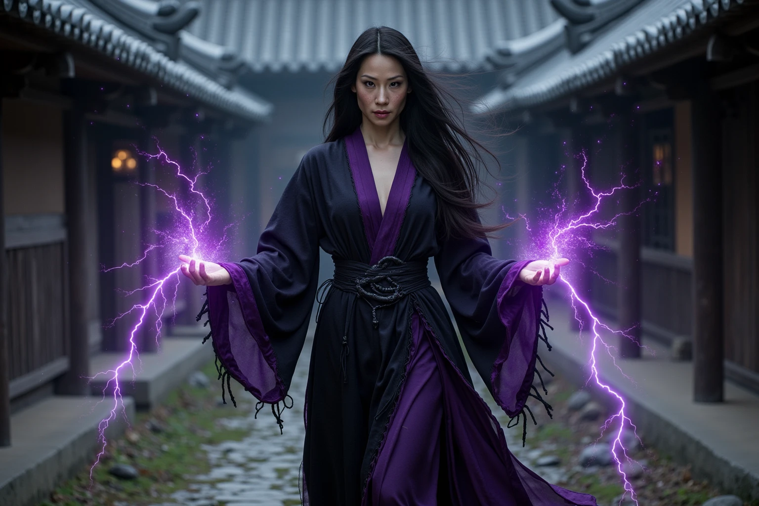 a dark sorceress (Lucy Liu, ohwx, age 20, pale skin, dark energy blemishes, dark tattered silken robes violet trim) she has dark energy on her eyes and hands, her bare feet barely touch the ground. She moves through a feudal Japanese walled estate, she is killing guards (lightly armored samurai) with purple lightning which flows from her outstretched hands, twilight