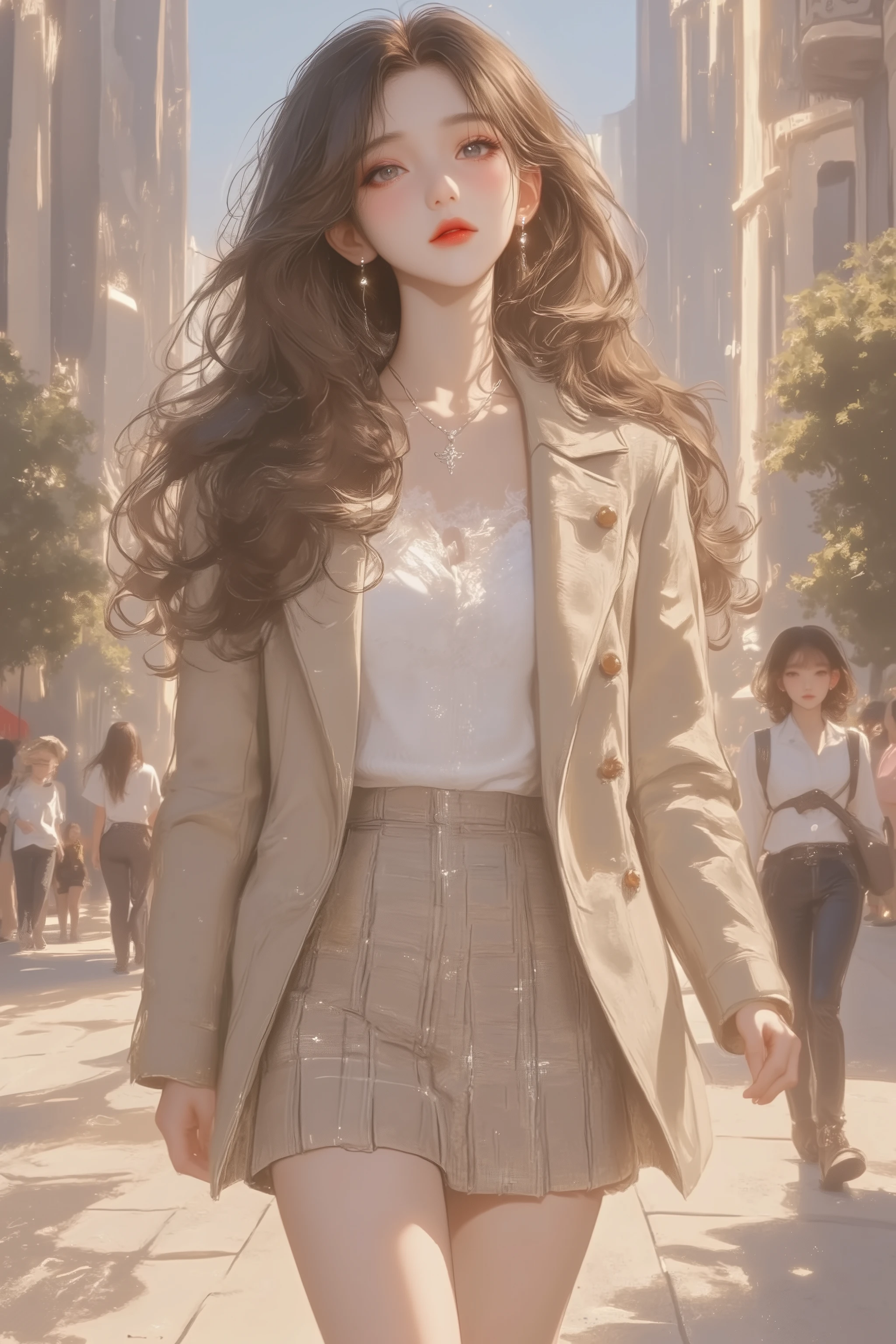 An anime-style illustration of a young girl walking confidently through a modern city street, wearing a beige jacket over a crisp white blouse and a pleated plaid mini-skirt,She has a light and cheerful expression, with her hair flowing slightly in the breeze, Her outfit is completed with simple black shoes, giving her a casual yet polished appearance,The background shows tall modern buildings, bustling streets with cars, and blurred pedestrians, creating a vibrant city atmosphere, Ultra-detailed, bright colors, and natural lighting
