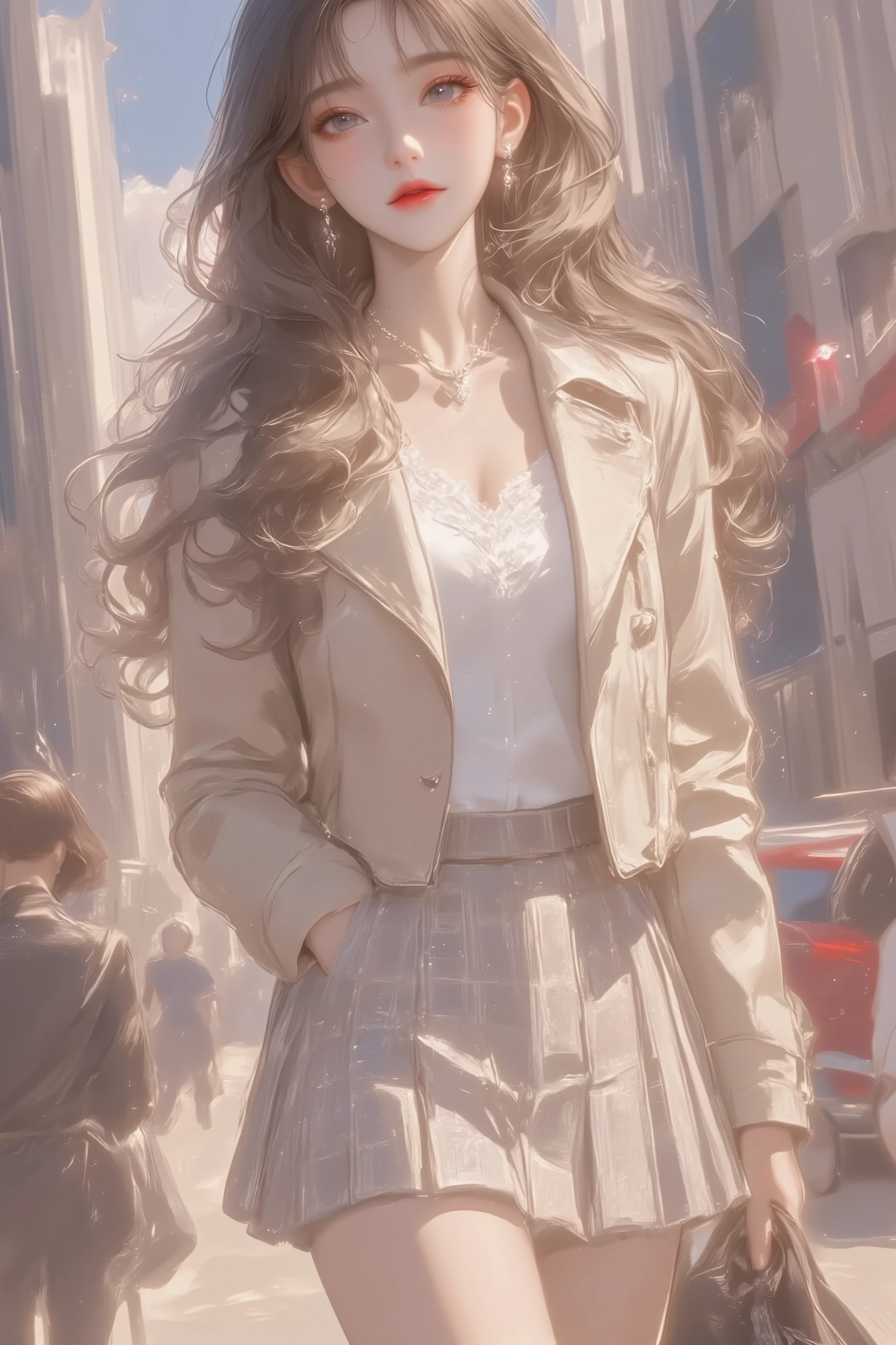An anime-style illustration of a young girl walking confidently through a modern city street, wearing a beige jacket over a crisp white blouse and a pleated plaid mini-skirt,She has a light and cheerful expression, with her hair flowing slightly in the breeze, Her outfit is completed with simple black shoes, giving her a casual yet polished appearance,The background shows tall modern buildings, bustling streets with cars, and blurred pedestrians, creating a vibrant city atmosphere, Ultra-detailed, bright colors, and natural lighting