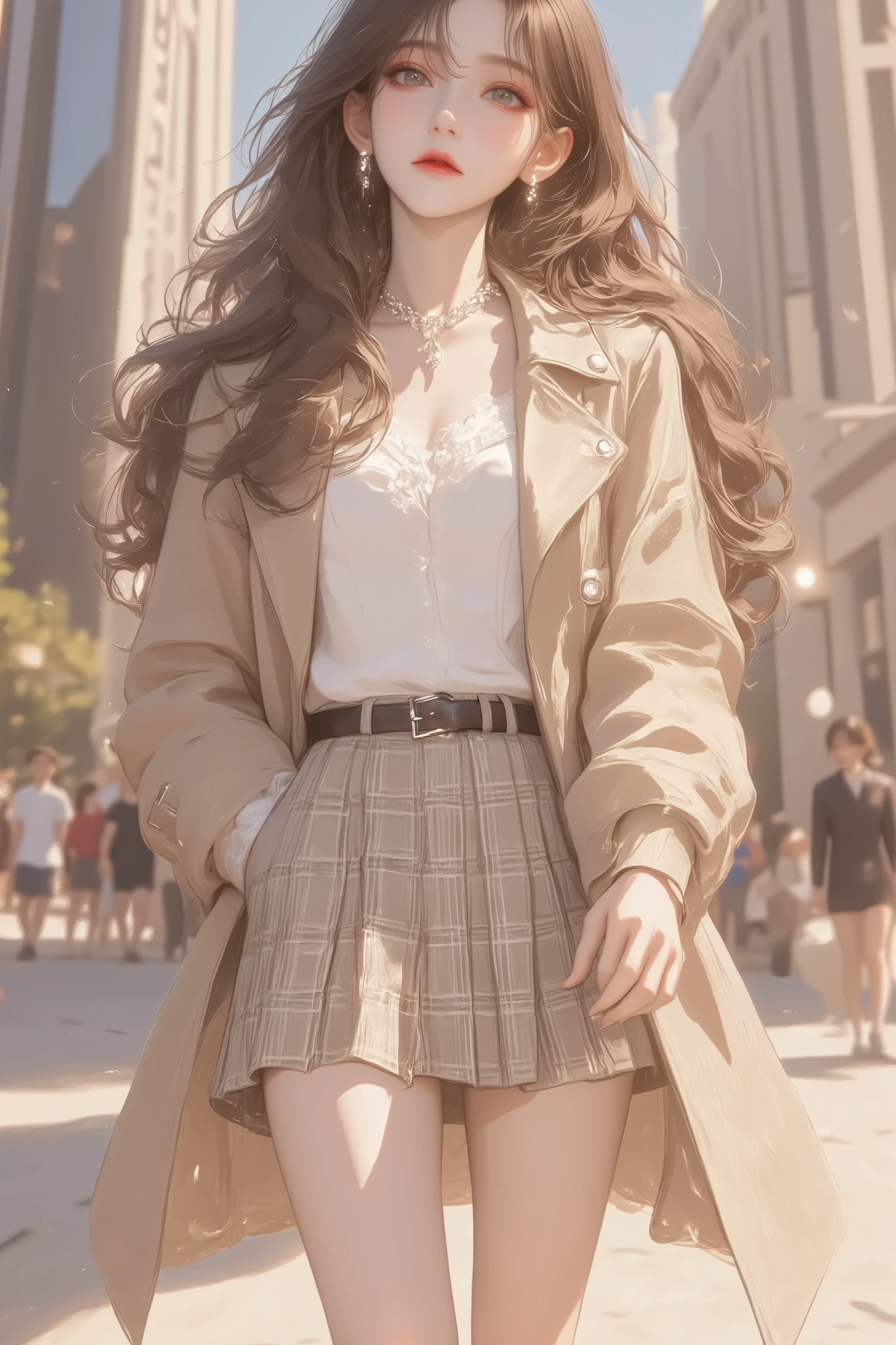 An anime-style illustration of a young girl walking confidently through a modern city street, wearing a beige jacket over a crisp white blouse and a pleated plaid mini-skirt,She has a light and cheerful expression, with her hair flowing slightly in the breeze, Her outfit is completed with simple black shoes, giving her a casual yet polished appearance,The background shows tall modern buildings, bustling streets with cars, and blurred pedestrians, creating a vibrant city atmosphere, Ultra-detailed, bright colors, and natural lighting