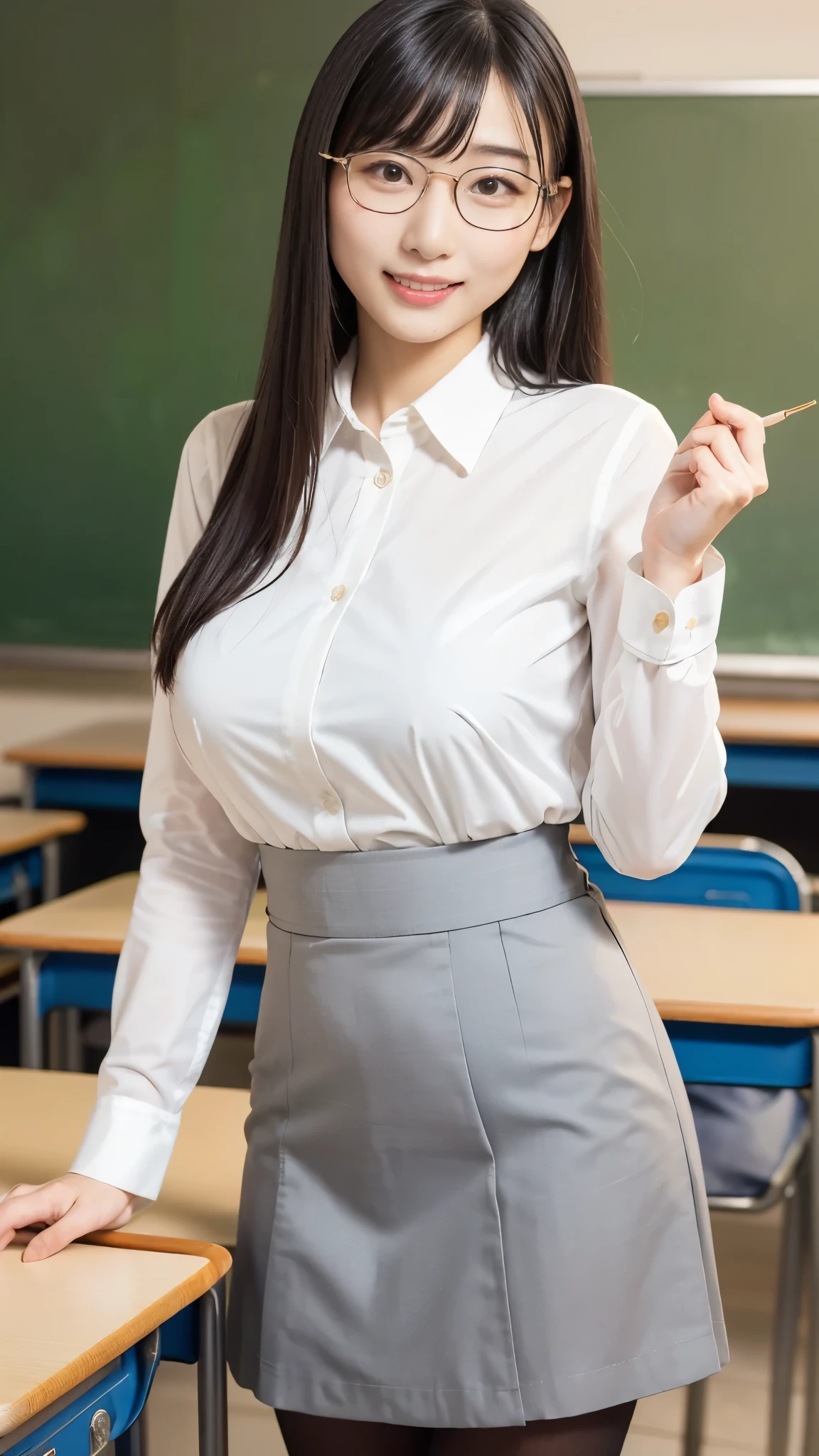 a korean woman on a teacher outfit, (((teacher))), ((masterpiece)), ((best quality)), ((intricate detailed)), ((Hyperrealistic)), (cameltoe), absurd res, milf, mature woman, perspective, highly detailed, illustration, 1girl, (big breasts), beautiful detailed eyes, (teacher outfit:1.2), glasses, miniskirt, tight clothes, pantyhose, smile, white blouse, detailed background, perfect eyes, seductive eyes, looking at the viewer, classroom background