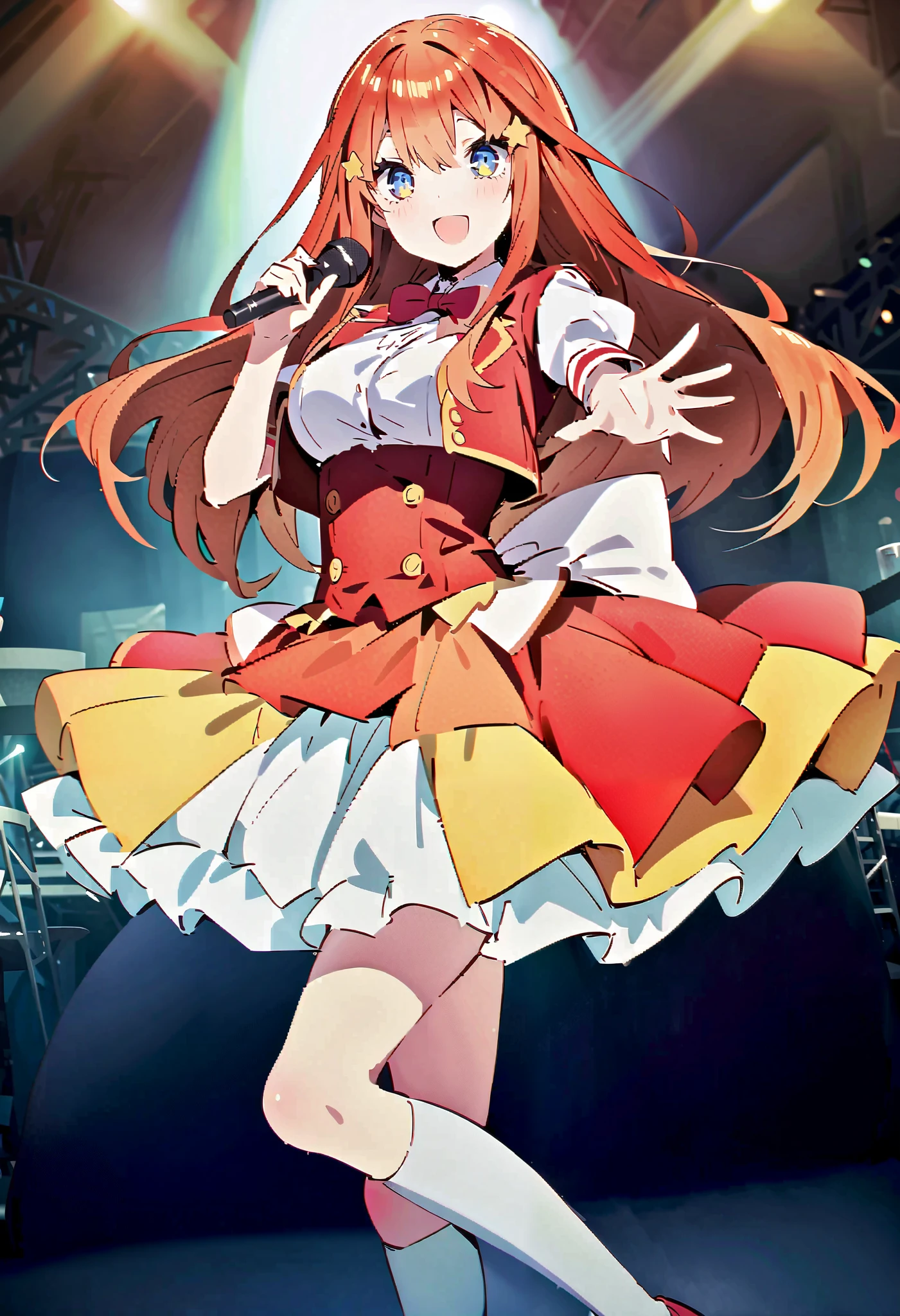 itsukinakano, Nakano Mizuki , bangs, blue eyes, hair between eyes , stアップid hair, Red Hair, long hair,Yellow stars \( symbol \), hair ornament ,Yellow stars hair ornament ,glass,smile,, open mouth , big breasted , Idol Costume , dress,collared dress, jacket ,cropped jacket ,Short sleeve,bowtie,bow,button, has ,beret,( White Knee High :1.2),shoes, interior ,アイドル歌手がライブ stageで熱狂的に歌うシーンのイラスト. アイドル歌手が stage中央に立っている. boots worn by idol singers . idol singers sing with microphones . idol singers are serious and impressive . 歌手の声は力強くて beautiful , stageの周りにはファンが集まる, fans sing and dance with idol singers Idol singers who do things ,whole bodyがイラストに入るように,
break looking at viewer,whole body,( cowboy shooting :1. 5),
break indoors, stage, concert, stage lights, stage, crowd,
break (Masterpiece:1.2), best quality , high resolution, unity 8k wallpaper, (shape:0.8), ( beautiful, detailed eyes :1.6), very elaborate face , PERFECT LIGHTING , High-definition CG, (perfect hand, perfect anatomy),