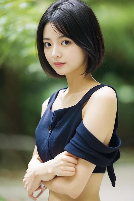 Masterpiece, top quality, official art, highly detailed CG Unity 8K wallpaper, like a schoolgirl, very delicate and beautiful, ultra high resolution, (photorealistic: 1.4), golden hour lighting, (upper body), (platinum shorthair: 0.8), (puffy eyes), looking at the viewer, facing the front, smiling, JK skirt, white dress, Shirt Lift Long Black Hair