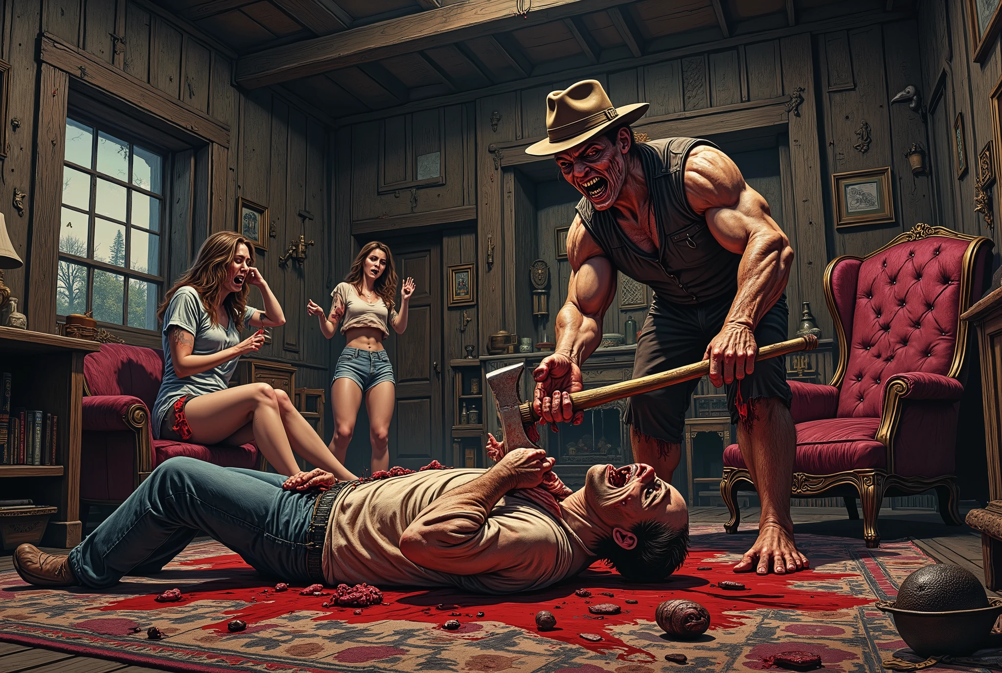 60s & 70's exploitation horror film style, crazy redneck hillbilly killer with ugly scary face, holding an ax, chopping up a man who is laying the floor, a terrified woman watches, screaming into the back of her hand, another woman is tied to a chair watching in fear, the violence occurs in the living home of an old house in the rural countryside of est texas , lurid vivid colors, retro 60s sci-fi horror movie aesthetic, bloody, gory, scary, movie poster vibe, bold colors, detailed, erotic, NSFW, lurid and vivid colors, detailed, intricate, gouache paints, Mexican fumetto style, Frazetta, Mort Künstler, Basil Gogos, Graham "Ghastly" Ingels, volumetric lighting, classic horror comic book aesthetic