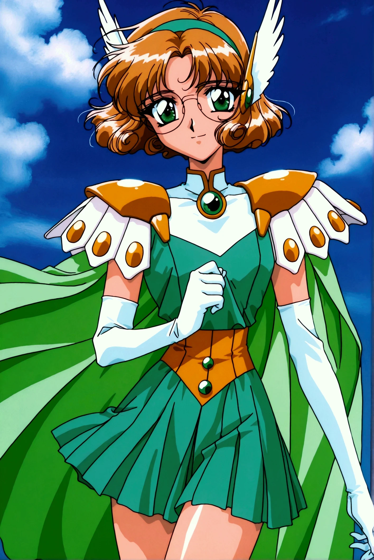 (masterpiece,highest quality,Super detailed,8k,High resolution,an extremely delicate and beautiful,Official Art,Perfect Anatomy:1.5),((1990s \(style\),90s anime,90s anime style,retro artstyle,Cel-shaded anime,anime screencap,anime coloring:1.25)),(solo:1.5),perfect face,beautiful,sexy,athletic body,shiny skin,(scale to fit the dimensions:1.2), smile, glasses,
AEFuuFinal,green eyes,light brown hair,curly hair,parted bangs,short hair,green hairband,hair ornament,head wings,wing hair ornament,armored dress,green cape,elbow gloves,gem,green dress,green gemstone,pauldrons,sleeveless,white gloves,white footwear,((dynamic pose ,blue sky:1.5)),