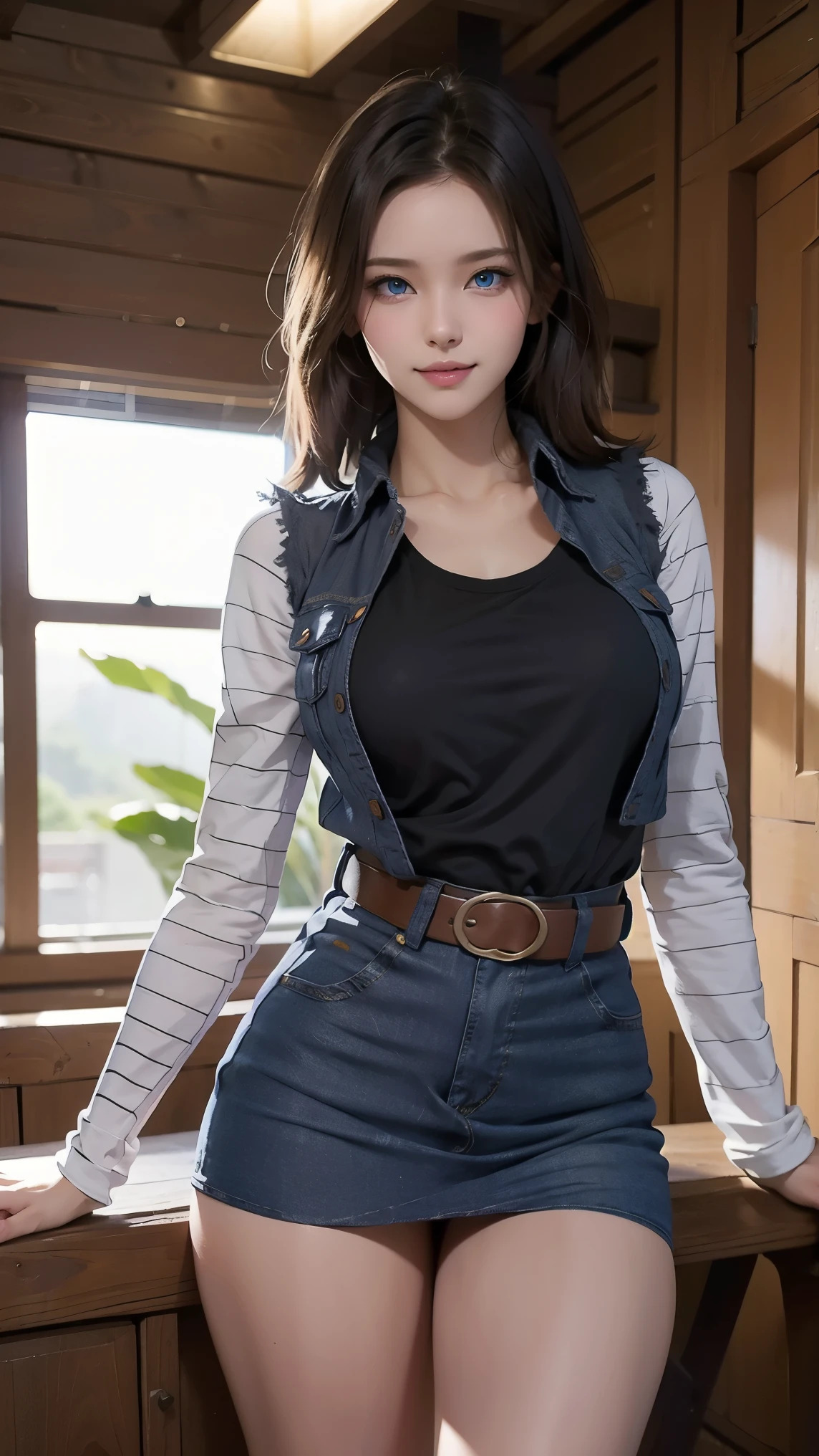 Android 18,(best qualityer,4K,8k,high resolution,work of art:1.2)(weather: cloudy), Japanese village background, Japanese market, black top, striped sleeves, cropped denim vest, belt, tight denim mini skirt, black pantyhose, brown boots, eyeliner, short straight hair, blonde hair, ultra detailed, realistic, portrait, beautiful detailed blue eyes, glowing eyes, blush, beautiful detailed lips, extremely detailed eye and face, long eyelashes, sexy, average, large breasts, beaming smile, flirty smile, powerful girl, fighting stance, stunning curves, bright coloured, dramatic lighting, hair flying,