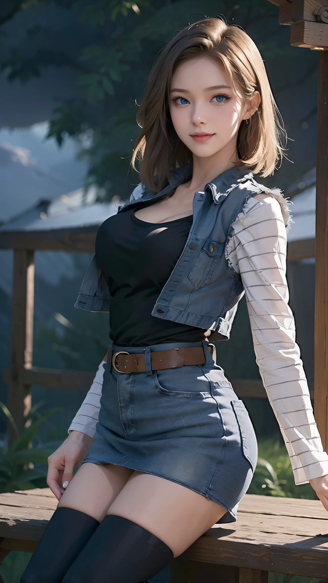 Android 18,(best qualityer,4K,8k,high resolution,work of art:1.2)(weather: cloudy), Japanese village background, Japanese market, black top, striped sleeves, cropped denim vest, belt, tight denim mini skirt, black pantyhose, brown boots, eyeliner, short straight hair, blonde hair, ultra detailed, realistic, portrait, beautiful detailed blue eyes, glowing eyes, blush, beautiful detailed lips, extremely detailed eye and face, long eyelashes, sexy, average, large breasts, beaming smile, flirty smile, powerful girl, fighting stance, stunning curves, bright coloured, dramatic lighting, hair flying,