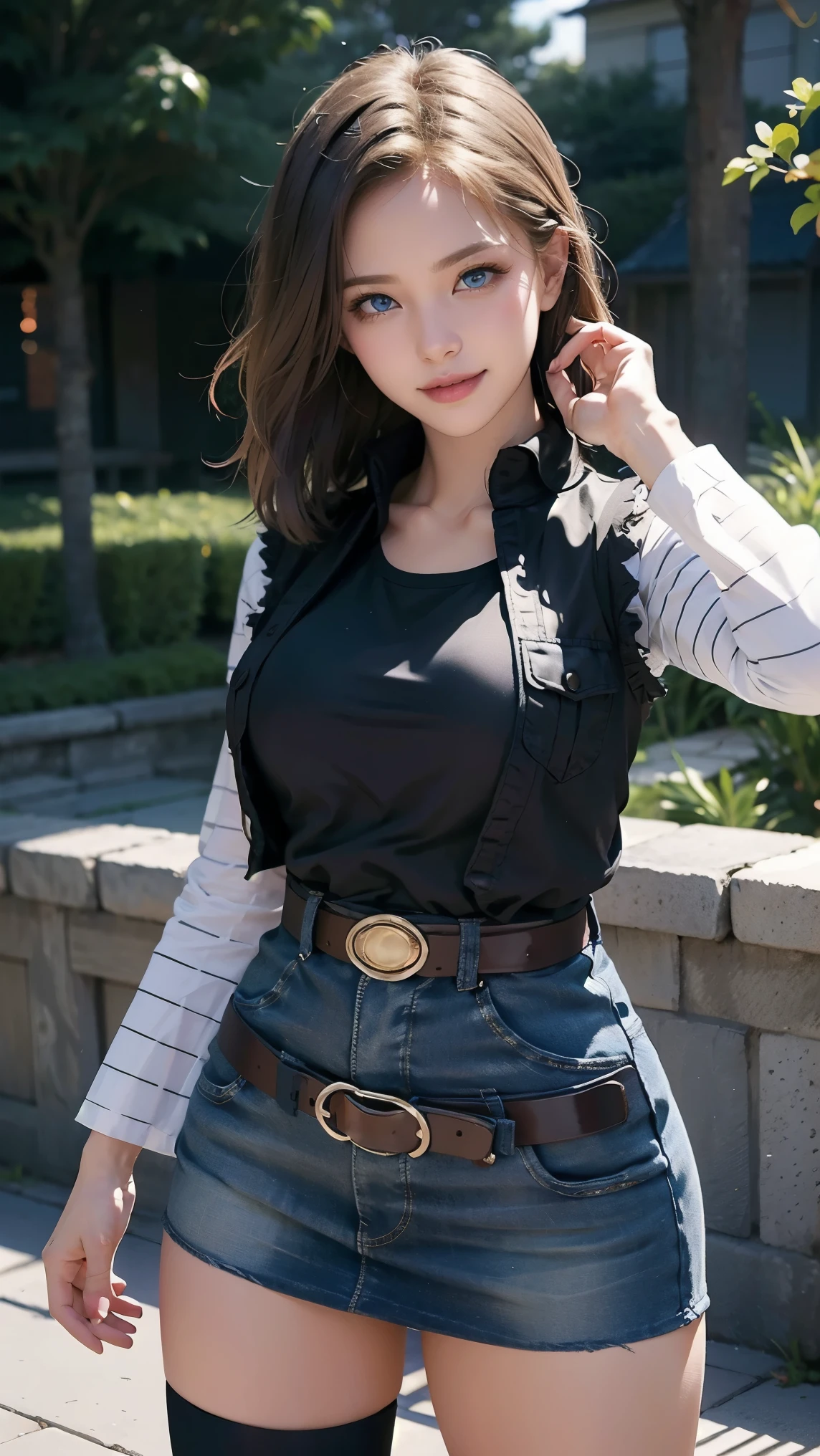 Android 18,(best qualityer,4K,8k,high resolution,work of art:1.2)(weather: cloudy), Japanese village background, Japanese market, black top, striped sleeves, cropped denim vest, belt, tight denim mini skirt, black pantyhose, brown boots, eyeliner, short straight hair, blonde hair, ultra detailed, realistic, portrait, beautiful detailed blue eyes, glowing eyes, blush, beautiful detailed lips, extremely detailed eye and face, long eyelashes, sexy, average, large breasts, beaming smile, flirty smile, powerful girl, fighting stance, stunning curves, bright coloured, dramatic lighting, hair flying,