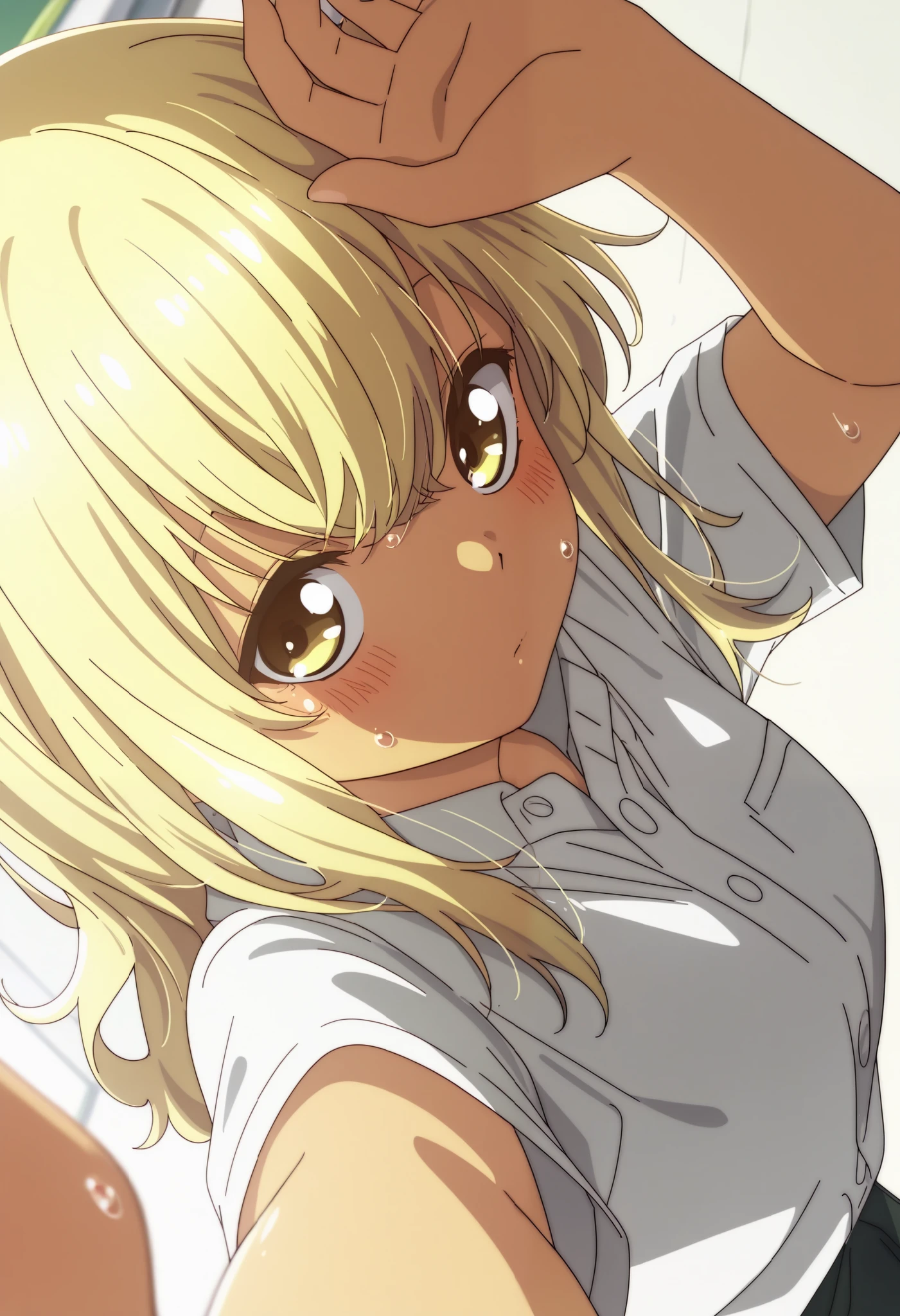 School uniform, short sleeve ,1girl, solo,from the viewer's perspective,Very cute,small breasts,, one woman , Original style, Very high quality, soft to the touch, beautiful,super detailed skin, high resolution, novel illustration, shiny skin,dynamic pose,defenseless, very sensual,higa kana, Blonde hair, tanned skin, Bust up, looking away, sweat, His shirt is open