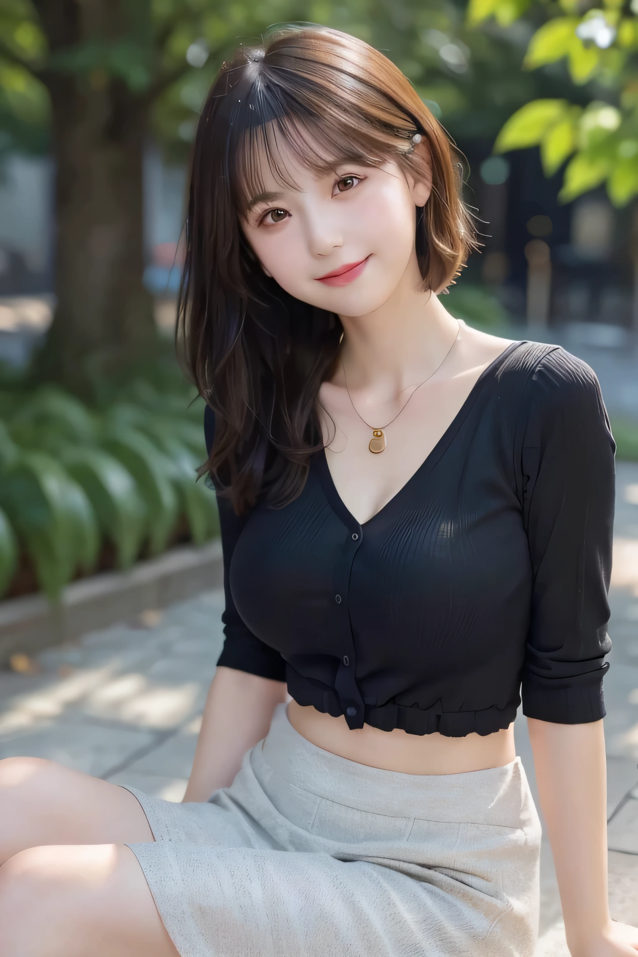  body、small head、sitting with legs spread、very thin waist、very huge breasts:1.4、ponytail、plump thighs、beautiful eyes、natural skin、ultra fine face、perfect hands、extra thin hands,  Best ratio、hyper realistic, ((Very tight blouse、Perfect fit to your body line、mini skirt、belt))、 8K, muste piece, super detail, high quality, best quality, High resolution、very red cheeks:1.2、oily skin、cross necklace、(panty shot)、very wet body
