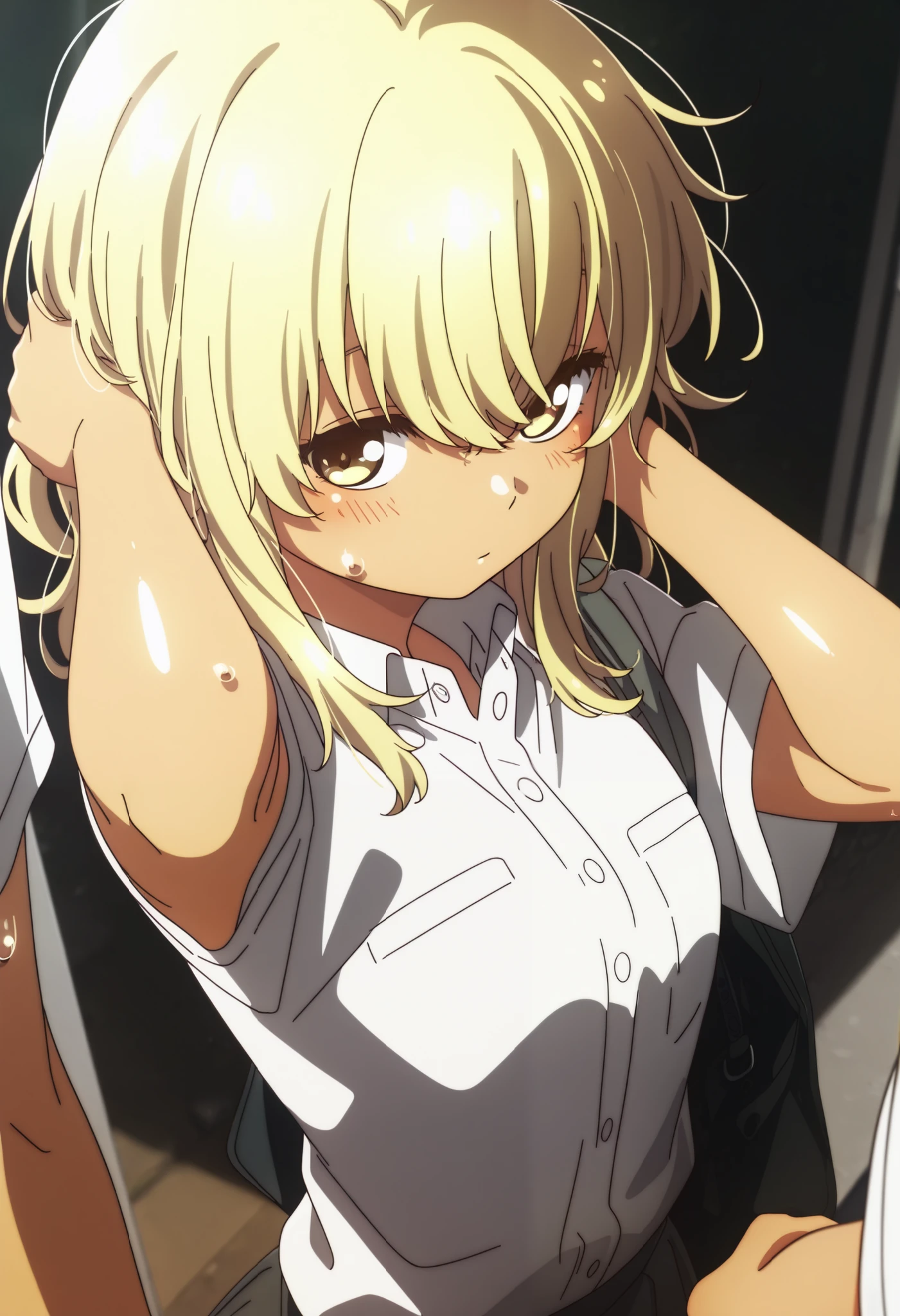 School uniform, short sleeve ,1girl, solo,from the viewer's perspective,Very cute,small breasts,Junior high school student, one woman , Original style, Very high quality, soft to the touch, beautiful,super detailed skin, high resolution, novel illustration, shiny skin,dynamic pose,defenseless, very sensual,higa kana, Blonde hair, tanned skin, Bust up, looking away, sweat, His shirt is open, About to take it off