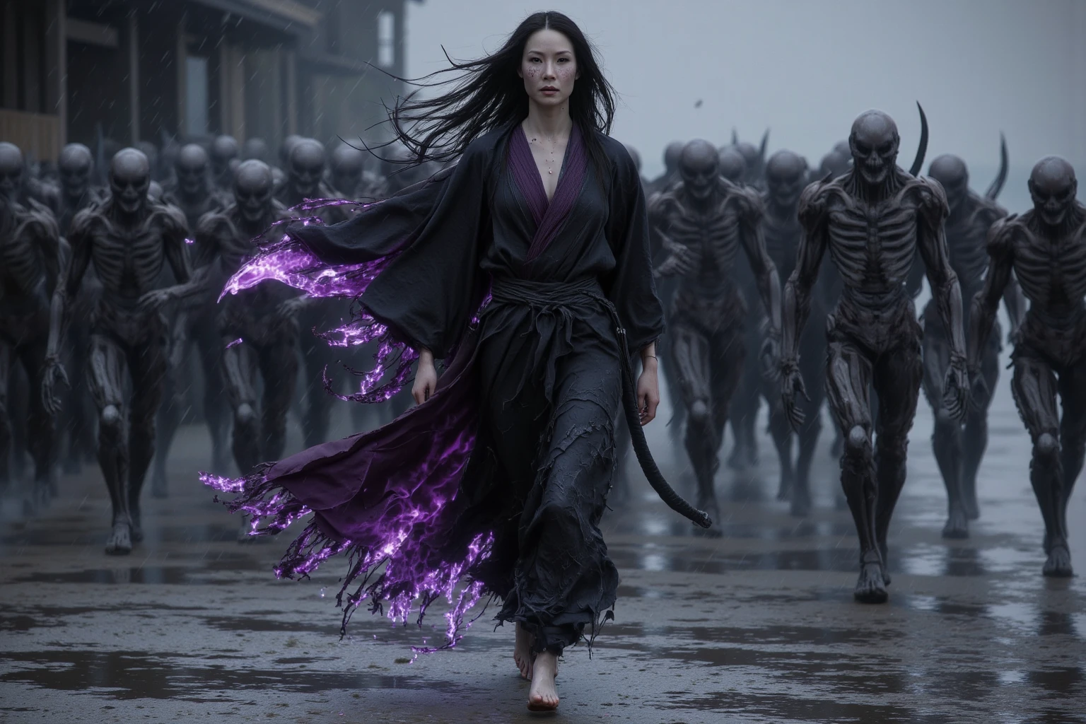 (best quality,4k,8k,highres,masterpiece:1.2),ultra-detailed,(realistic,photorealistic,photo-realistic:1.37), Lucy Liu in a very revealing tattered black Asian dress, angry expression,detailed eyes and face,long eyelashes,tattered black dress,tattered black hair,flowing hair, dark energy has left small sores all over her body, she has a few dark veins, she is wielding black and purple lightning, dark energy swirling around her,billowing dress,hair blowing in the wind,dark energy sparks off her hands like lightning,head to toe. set at night time in a feudal Asian village, an army of undead follow her