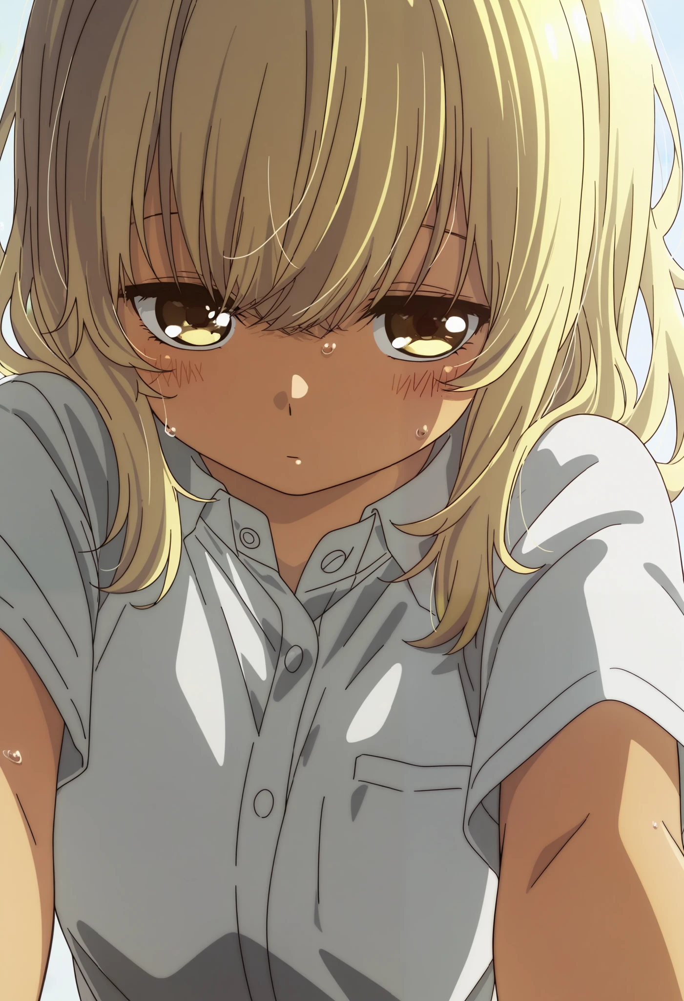 School uniform, short sleeve ,1girl, solo,from the viewer's perspective,Very cute,small breasts,, one woman , Original style, Very high quality, soft to the touch, beautiful,super detailed skin, high resolution, novel illustration, shiny skin,dynamic pose,defenseless, very sensual,higa kana, Blonde hair, tanned skin, Bust up, looking away, sweat, His shirt is open, About to take it off