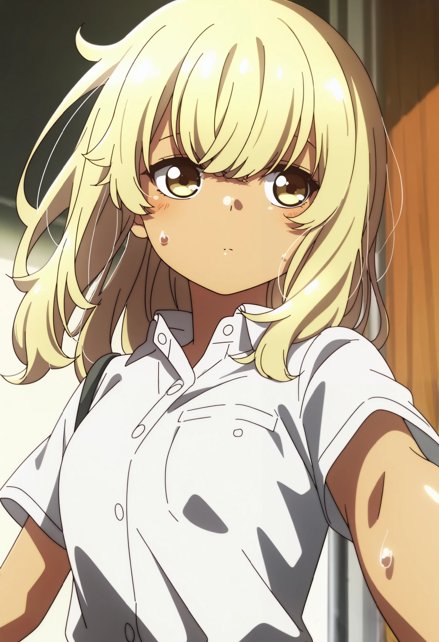 School uniform, short sleeve ,1girl, solo,from the viewer's perspective,Very cute,small breasts,, one woman , Original style, Very high quality, soft to the touch, beautiful,super detailed skin, high resolution, novel illustration, shiny skin,dynamic pose,defenseless, very sensual,higa kana, Blonde hair, tanned skin, Bust up, looking away, sweat, His shirt is open, About to take it off, I can see the side