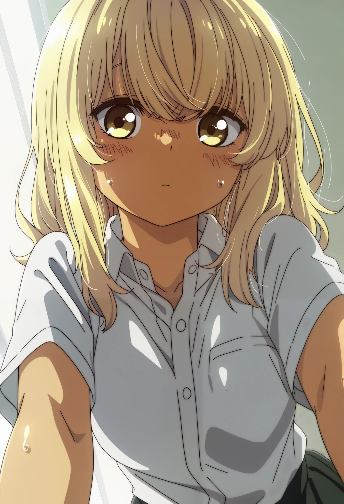 School uniform, short sleeve ,1girl, solo,from the viewer's perspective,Very cute,small breasts,, one woman , Original style, Very high quality, soft to the touch, beautiful,super detailed skin, high resolution, novel illustration, shiny skin,dynamic pose,defenseless, very sensual,higa kana, Blonde hair, tanned skin, Bust up, looking away, sweat, His shirt is open, About to take it off, I can see the side, show one's side