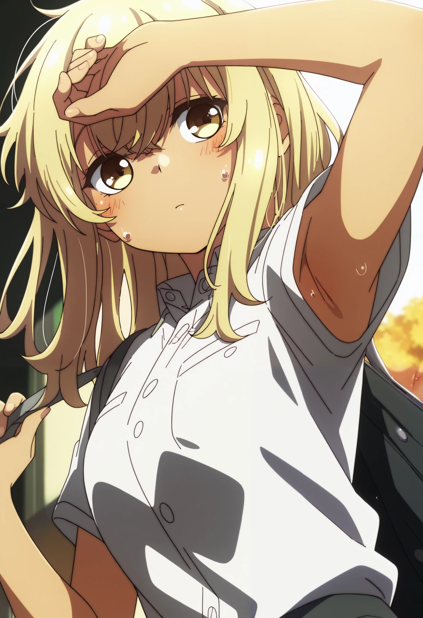 School uniform, short sleeve ,1girl, solo,from the viewer's perspective,Very cute,small breasts,, one woman , Original style, Very high quality, soft to the touch, beautiful,super detailed skin, high resolution, novel illustration, shiny skin,dynamic pose,defenseless, very sensual,higa kana, Blonde hair, tanned skin, Bust up, looking away, sweat, His shirt is open, About to take it off, I can see the side, show one's side, armpit