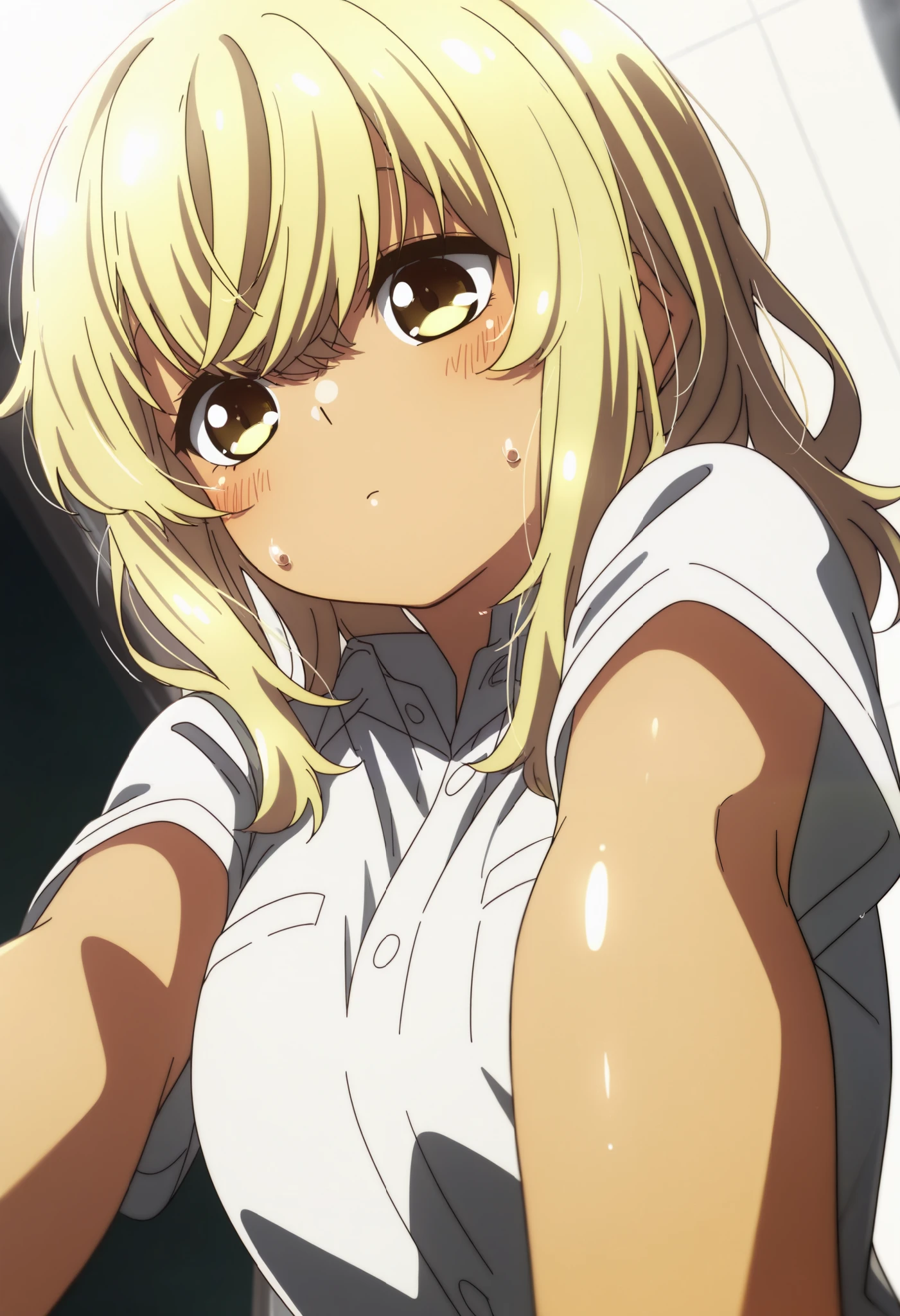 School uniform, short sleeve ,1girl, solo,from the viewer's perspective,Very cute,small breasts,, one woman , Original style, Very high quality, soft to the touch, beautiful,super detailed skin, high resolution, novel illustration, shiny skin,dynamic pose,defenseless, very sensual,higa kana, Blonde hair, tanned skin, Bust up, looking away, sweat, His shirt is open, About to take it off, expose one's weakness