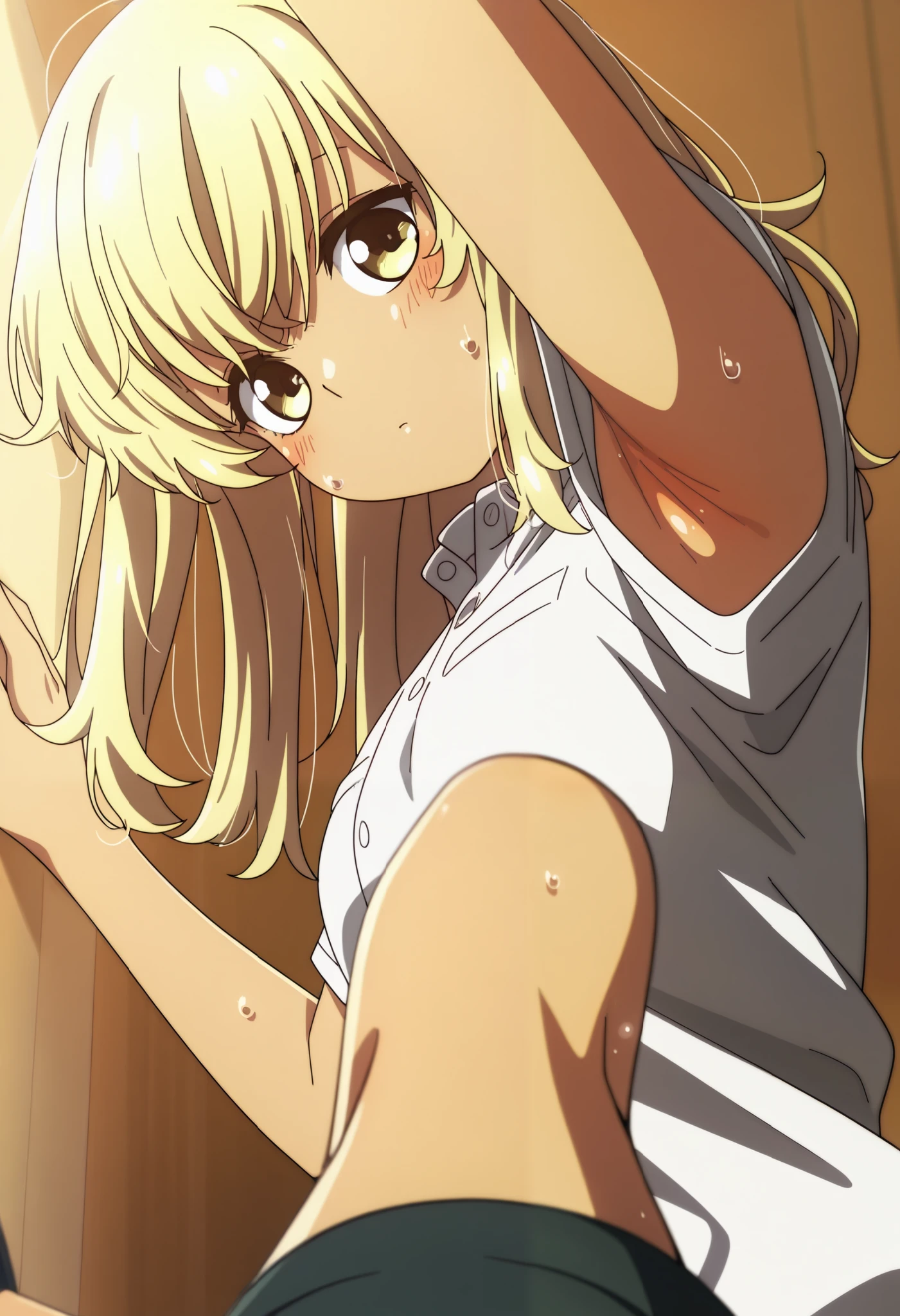 School uniform, short sleeve ,1girl, solo,from the viewer's perspective,Very cute,small breasts,, one woman , Original style, Very high quality, soft to the touch, beautiful,super detailed skin, high resolution, novel illustration, shiny skin,dynamic pose,defenseless, very sensual,higa kana, Blonde hair, tanned skin,looking away, sweat, His shirt is open, About to take it off, I can see the side, show one's side, armpit
