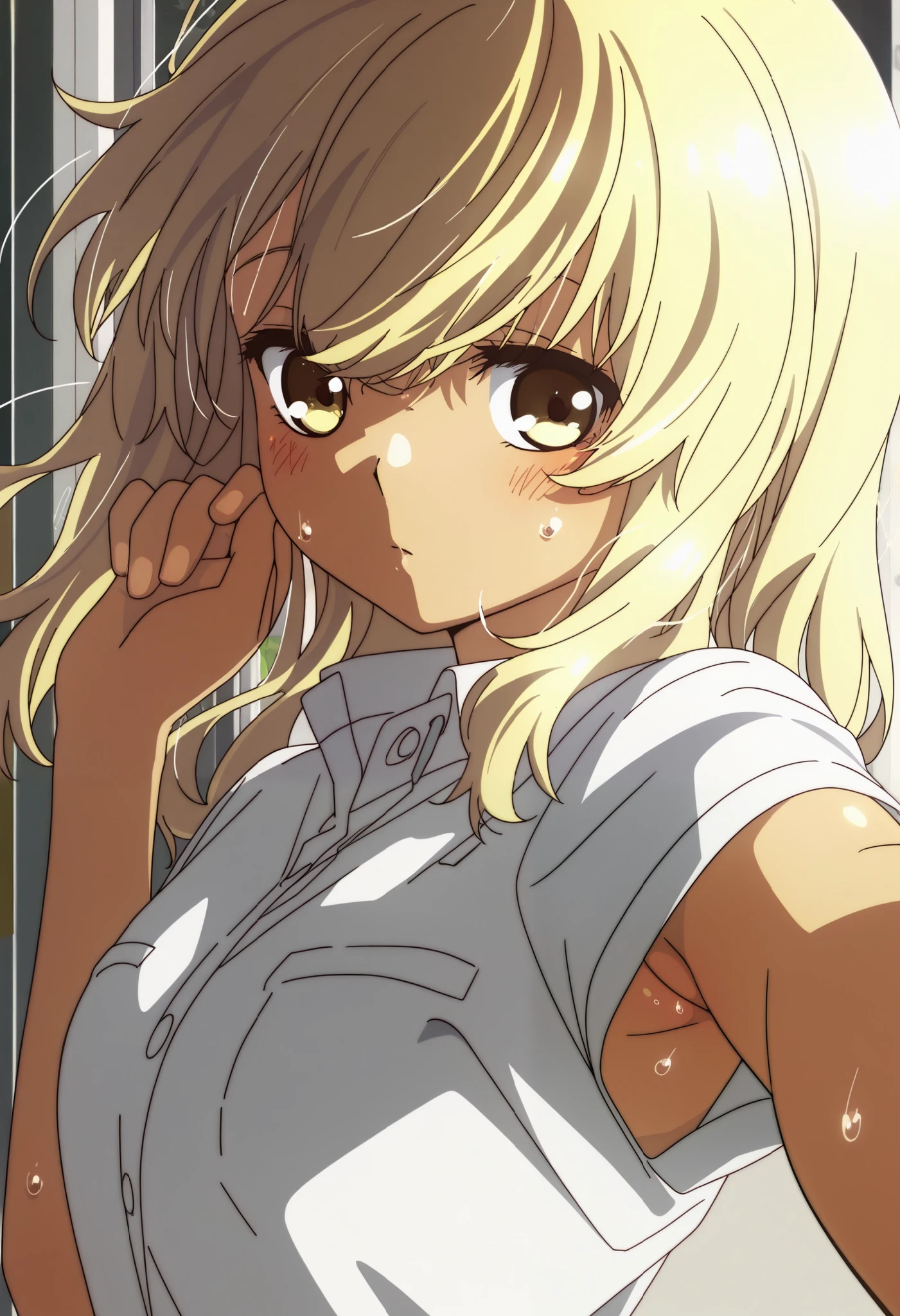 School uniform, short sleeve ,1girl, solo,from the viewer's perspective,Very cute,small breasts,, one woman , Original style, Very high quality, soft to the touch, beautiful,super detailed skin, high resolution, novel illustration, shiny skin,dynamic pose,defenseless, very sensual,higa kana, Blonde hair, tanned skin,looking away, sweat, His shirt is open, About to take it off, I can see the side, show one's side, armpit