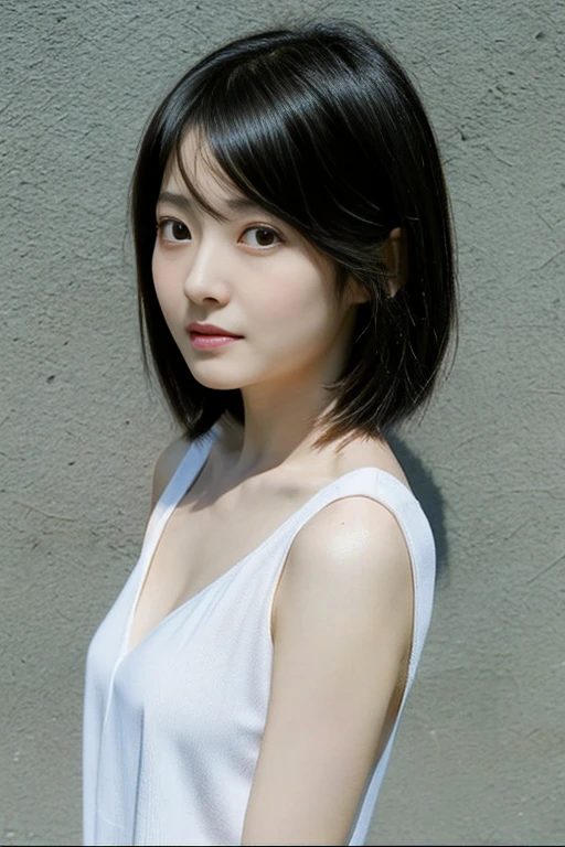 NSFW:1.5,((highest quality、8K resolution、master masterpiece、portrait:1.3)), Photoreal, 35mm film, 1 Japanese female, Upper body、on the street during the day, wrinkles around the eyes、plump body、cleavage、boyish_pixie cut、smile,((sexy　camisole :1.3)) , (outdoor:city street 1.3), jumbled background,look at the audience,Tokyo cityscape:1.3