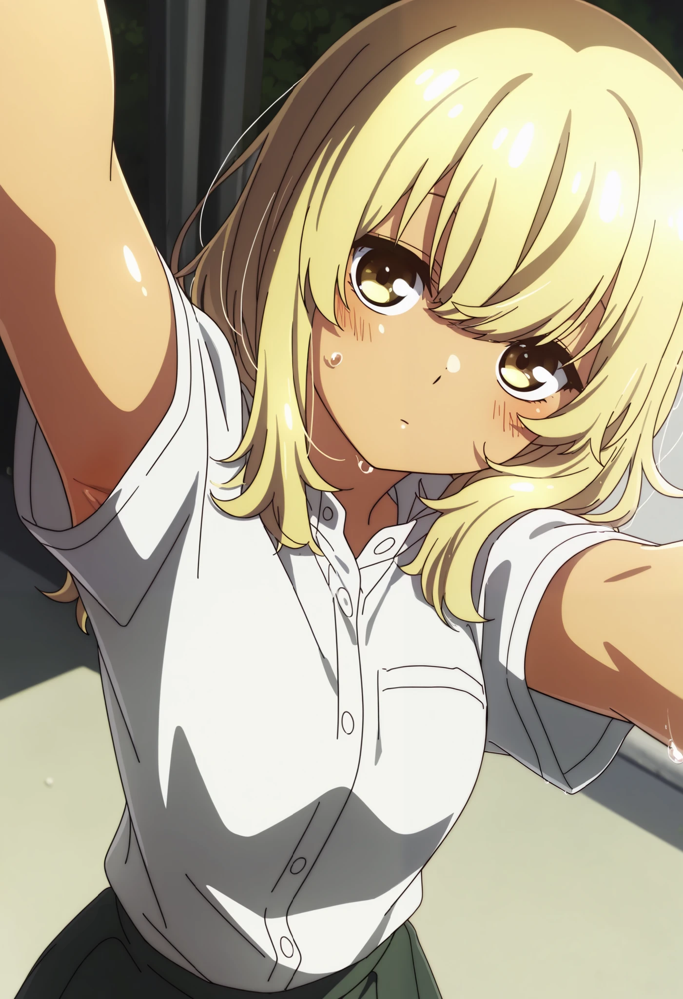 School uniform, short sleeve ,1girl, solo,from the viewer's perspective,Very cute,small breasts,, one woman , Original style, Very high quality, soft to the touch, beautiful,super detailed skin, high resolution, novel illustration, shiny skin,dynamic pose,defenseless, very sensual,higa kana, Blonde hair, tanned skin, sweat, His shirt is open, About to take it off, I can see the side, show one's side, armpit, selfie
