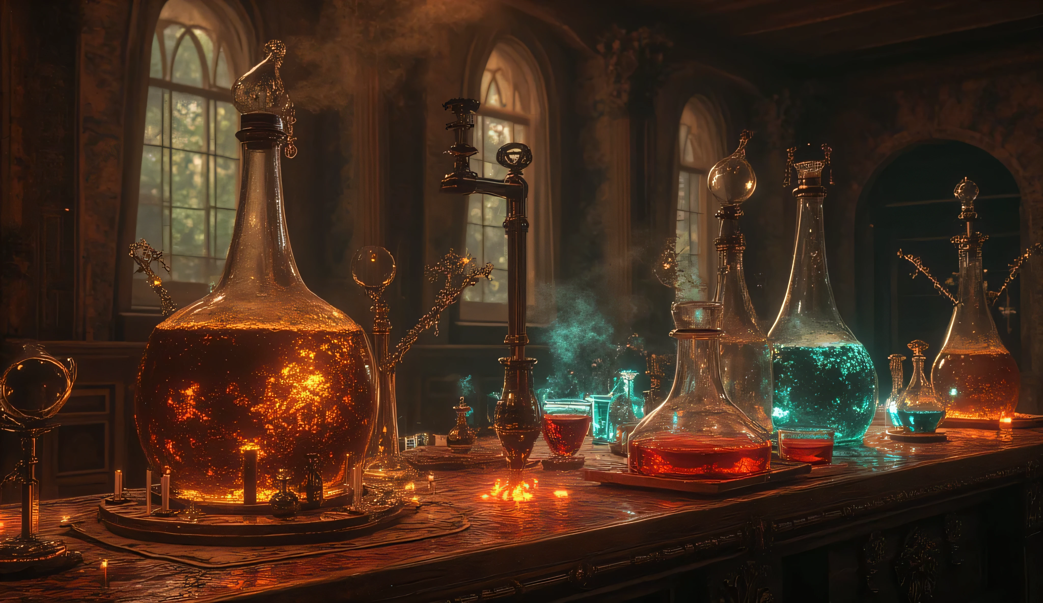 the alchemical laboratory. lots of flasks full of bright liquids. warm lighting